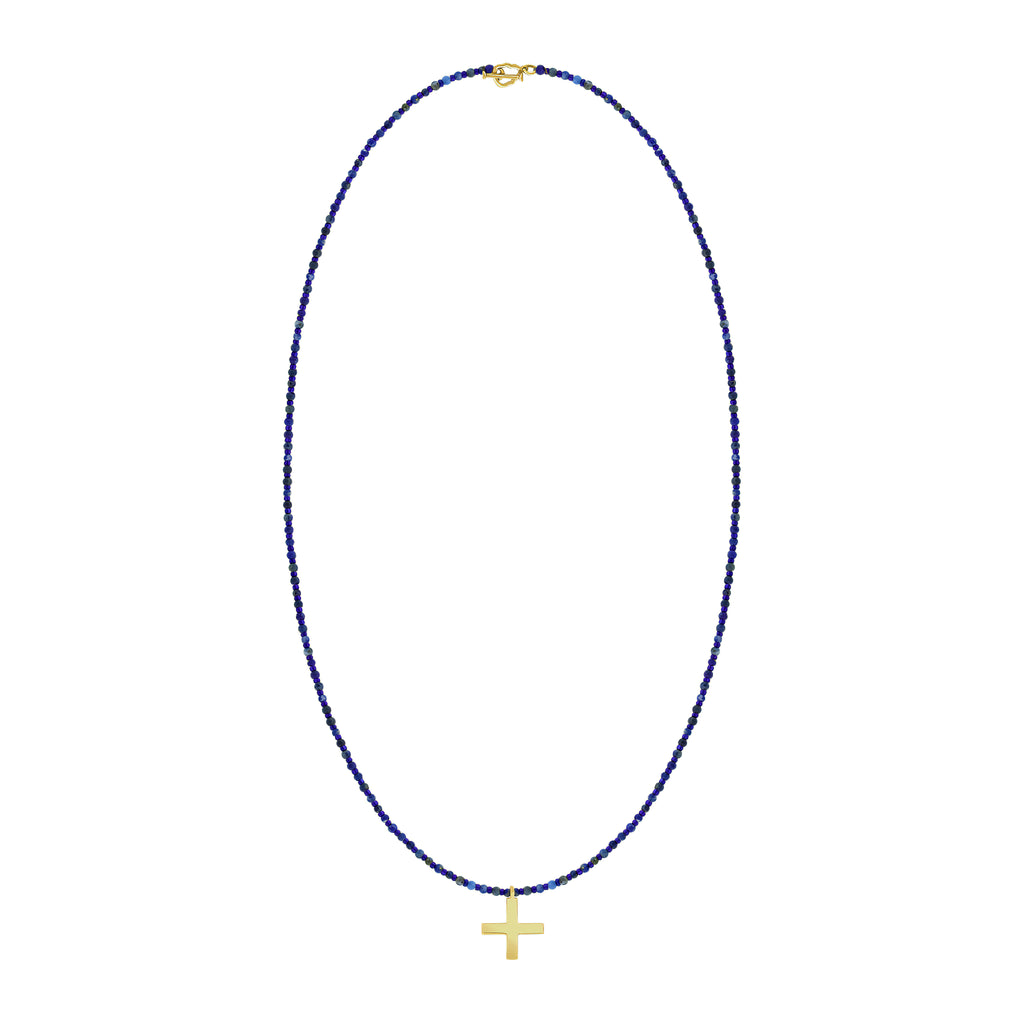 Gold Greek Cross Lapis Beaded Necklace