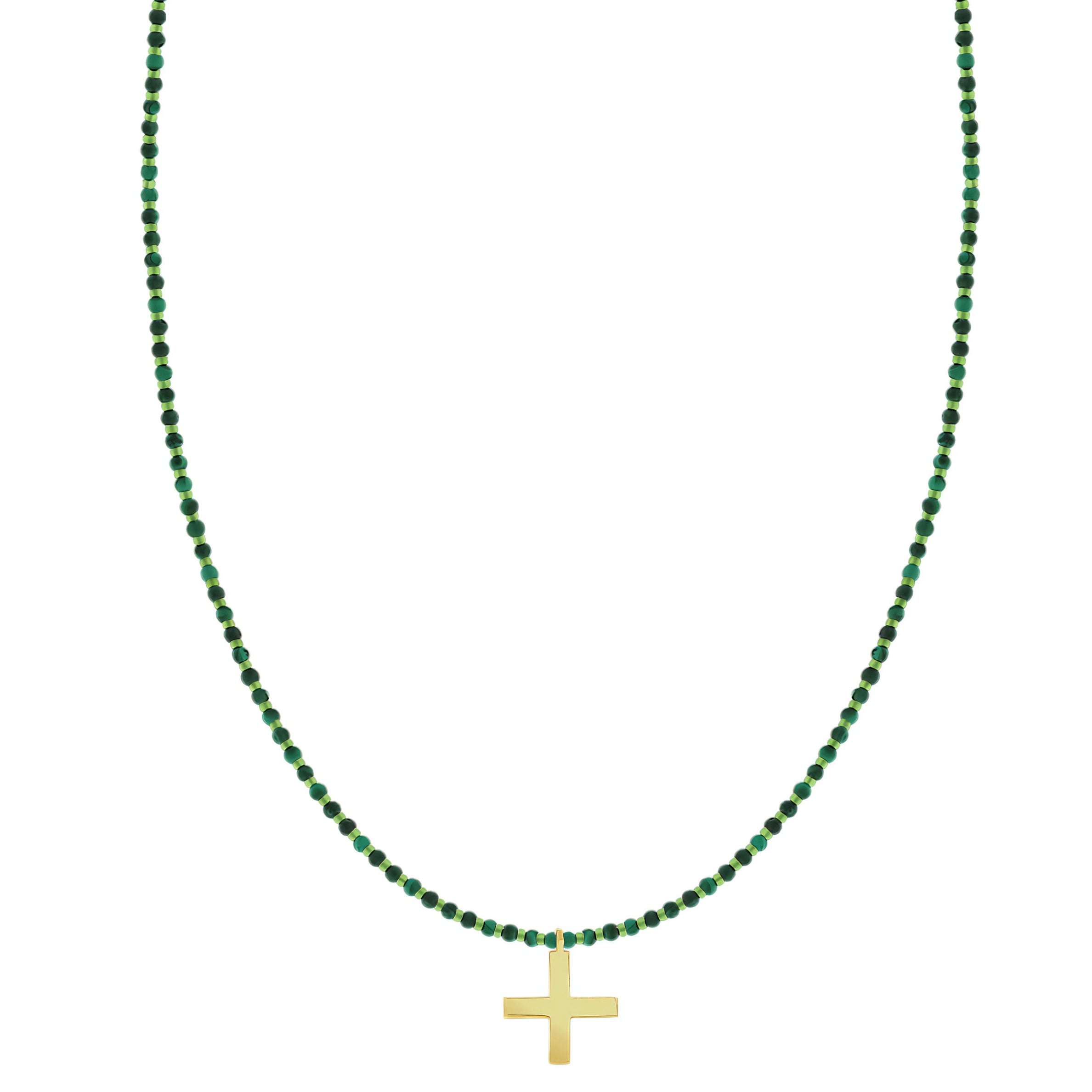 LUIS MORIAS 14K yellow gold Greek Cross with satin finish on a beaded necklace. Features round malachite beads and glass beads. Skull outline toggle clasp closure.