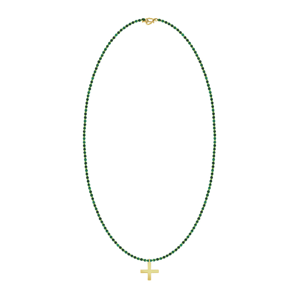 Gold Greek Cross Malachite Beaded Necklace