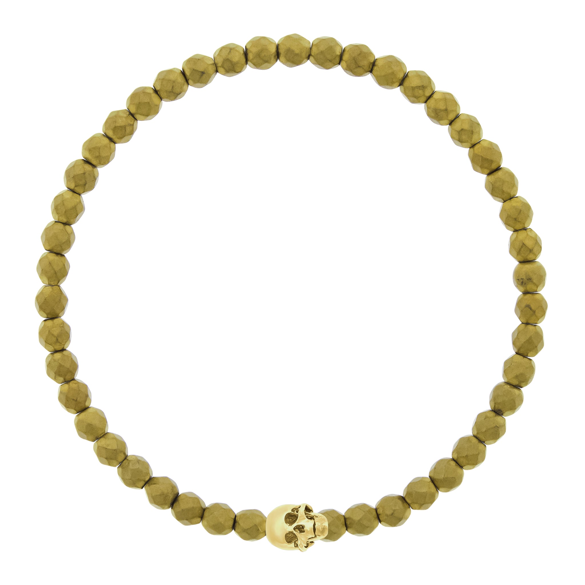 LUIS MORAIS 14k yellow gold G6 skull with moving jaw on a faceted hematite beaded bracelet.