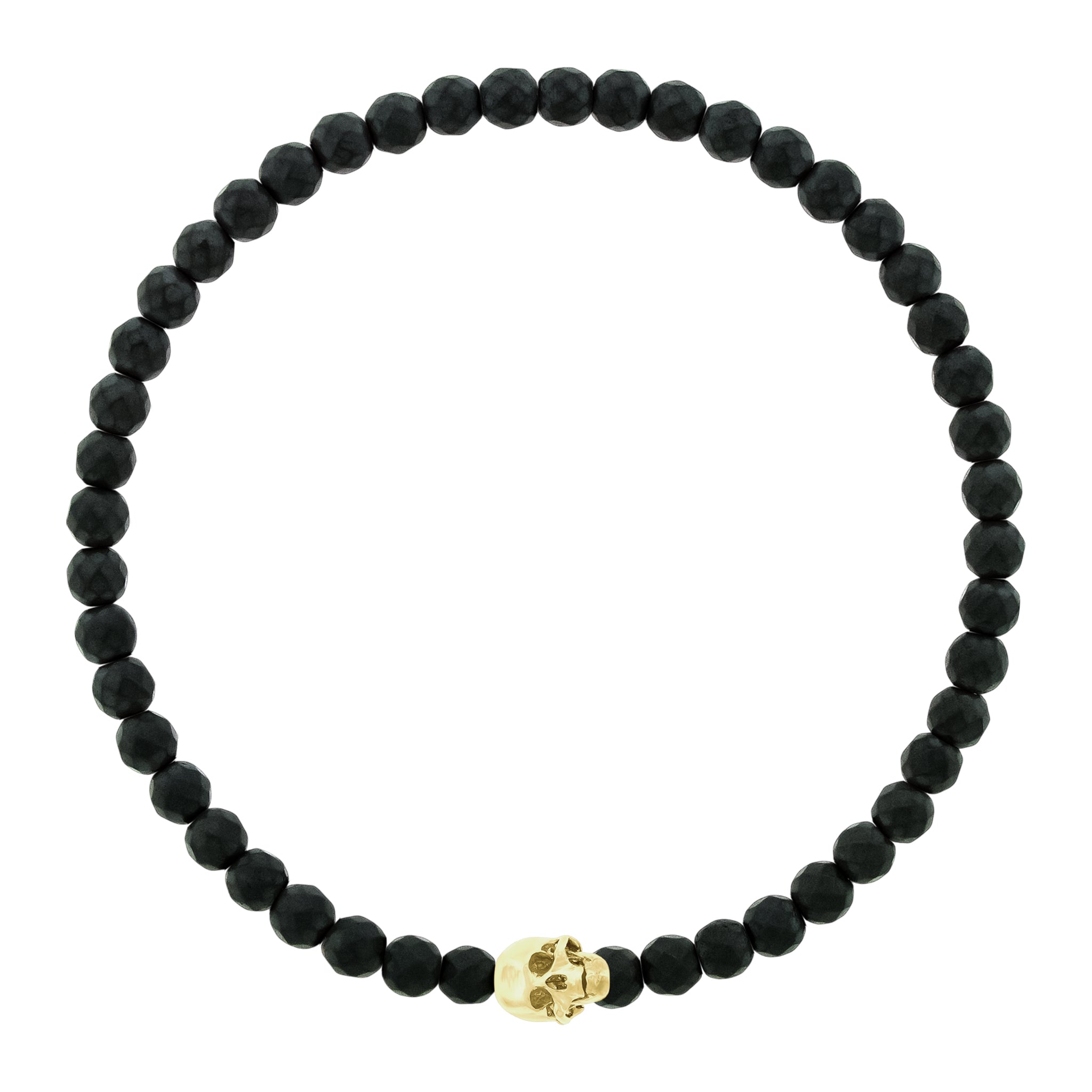 LUIS MORAIS 14k yellow gold G6 skull with moving jaw on a faceted Onyx beaded bracelet.
