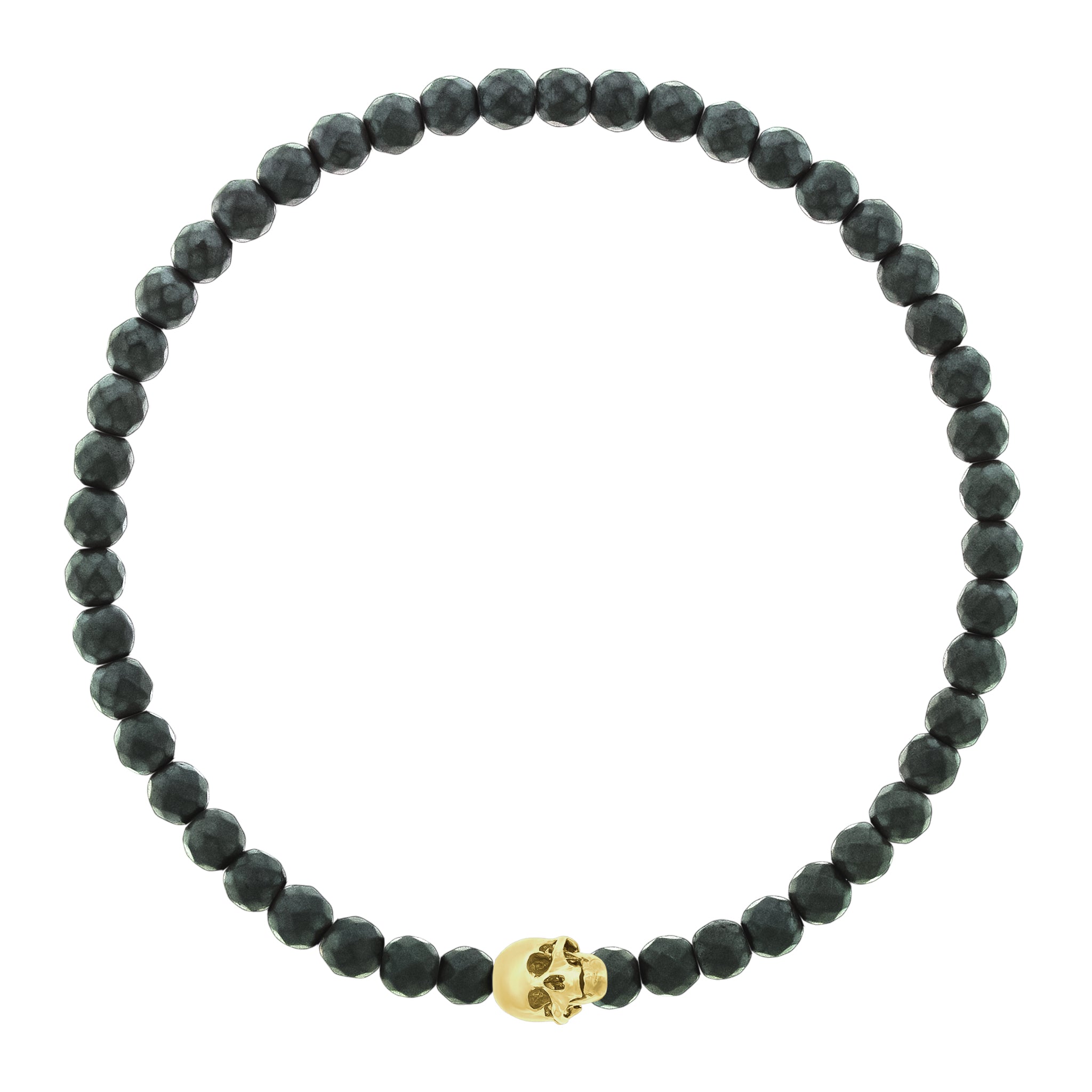 LUIS MORAIS 14k yellow gold G6 skull with moving jaw on a faceted hematite beaded bracelet.