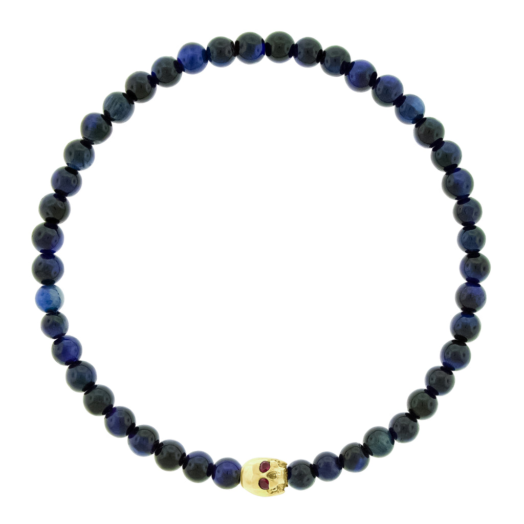 Half-Skull with Ruby Eyes on Blue Tiger's Eye Bead Bracelet