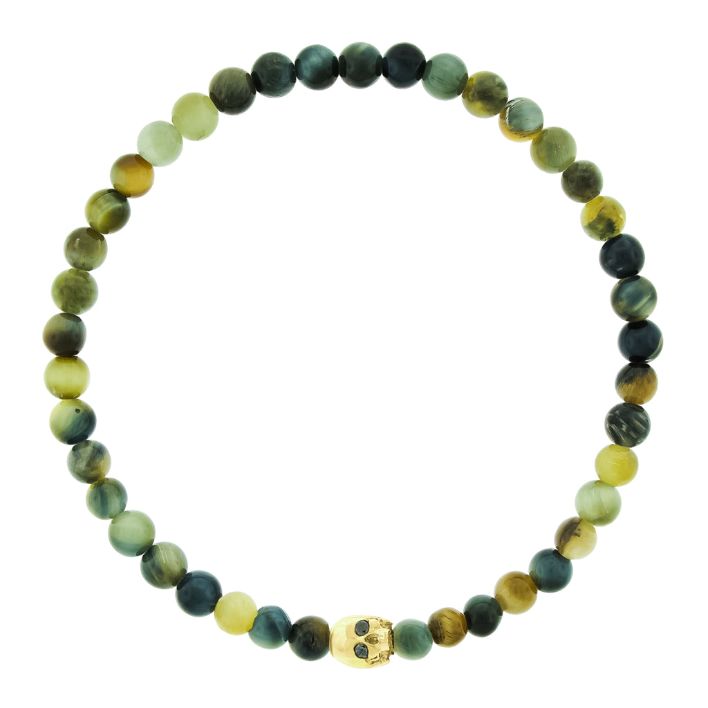 Half-Skull with Black Diamond Eyes on Agate Bead Bracelet