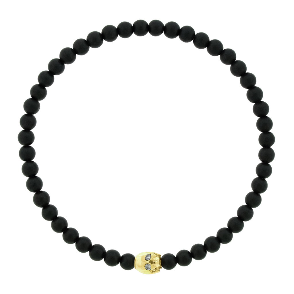 Half-Skull with Diamond Eyes on Onyx Bead Bracelet