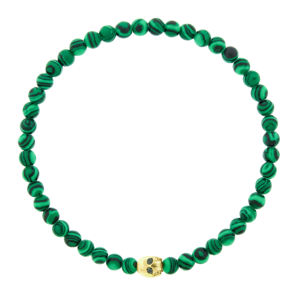 Half-Skull with Black Diamond Eyes on Malachite Bead Bracelet