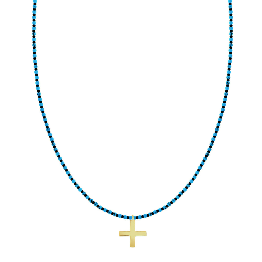Gold Greek Cross Turquoise Beaded Necklace