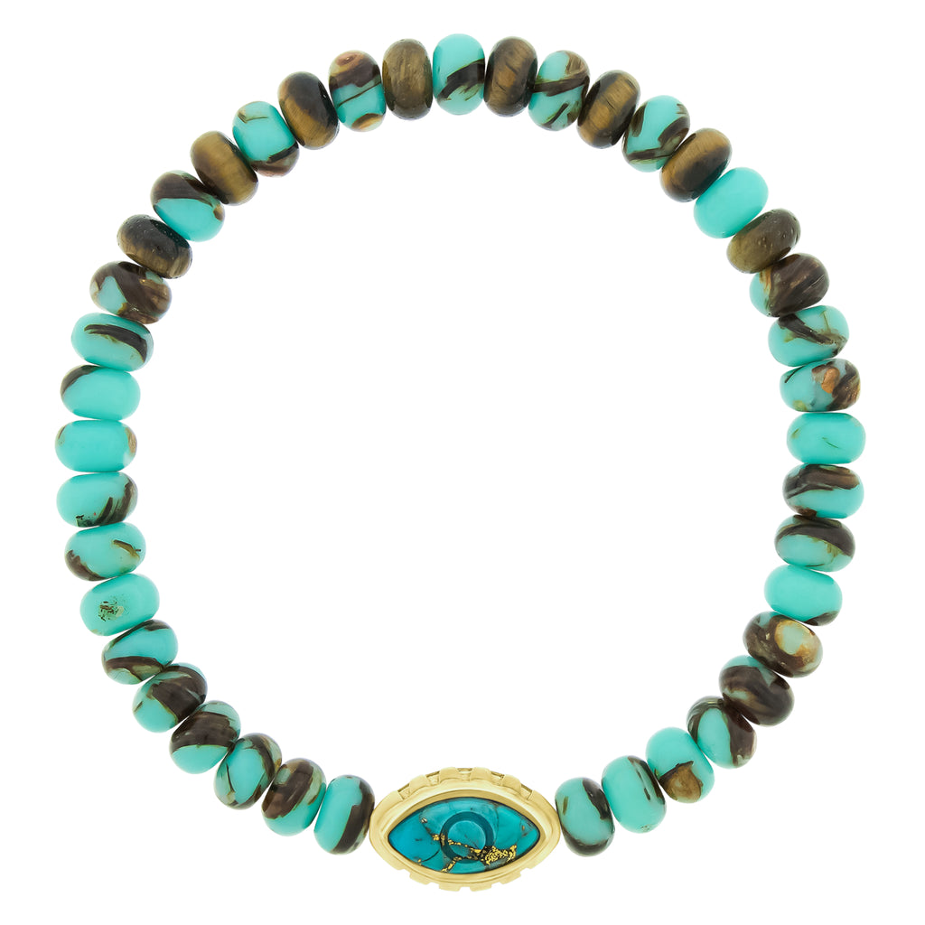 LUIS MORAIS 14K yellow gold Eye of the Idol bead with an engraved Marquise gemstone on a beaded bracelet.