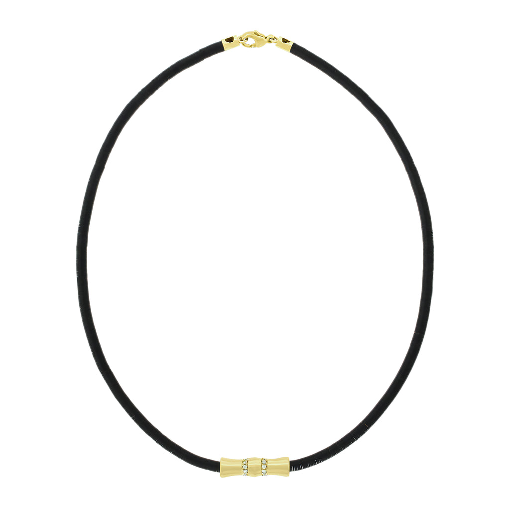LUIS MORAIS 14k yellow gold double-sheath tube with two lines of white diamonds on a vinyl beaded necklace with lobster clasp closure.