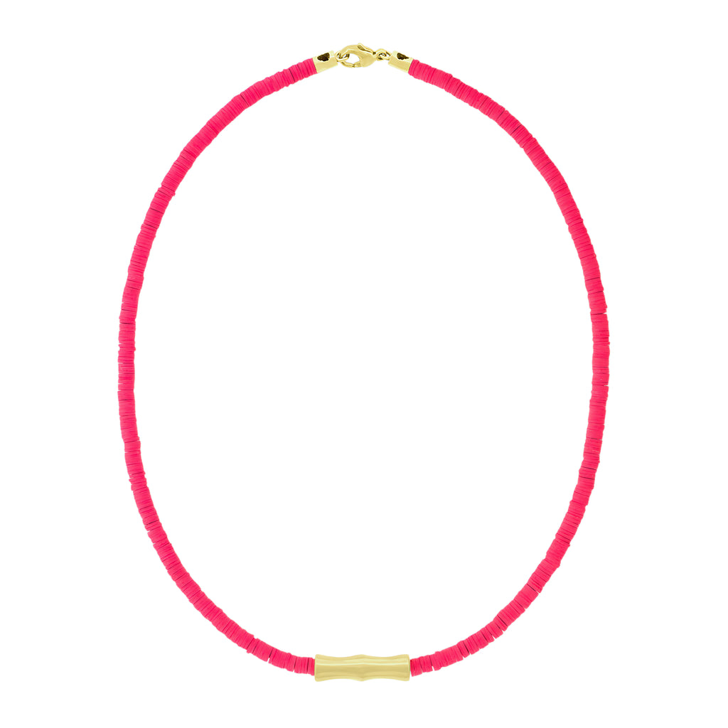 LUIS MORAIS 14k yellow gold double sheath tube on an African Vinyl Beaded necklace and lobster clasp closure.
