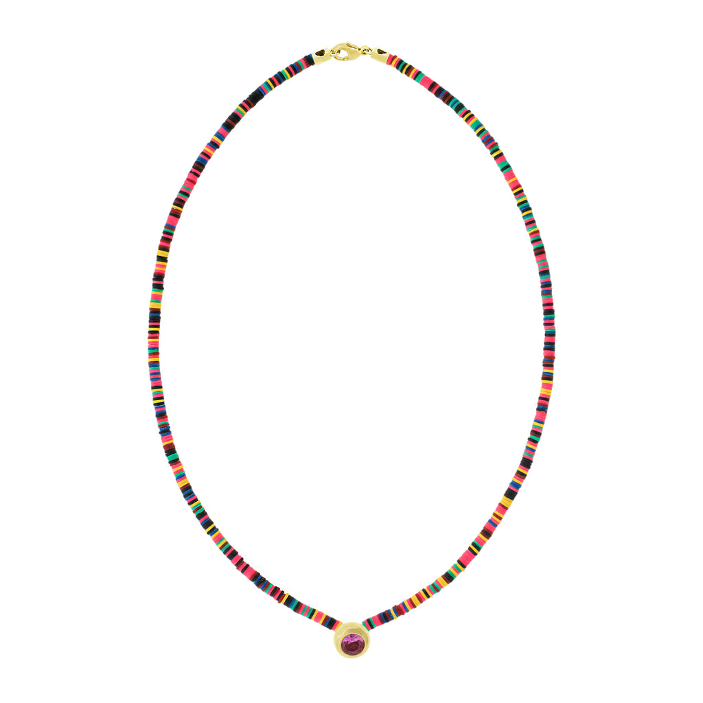 Pink Sapphire Pendant on Multicolor Vinyl Bead Necklace