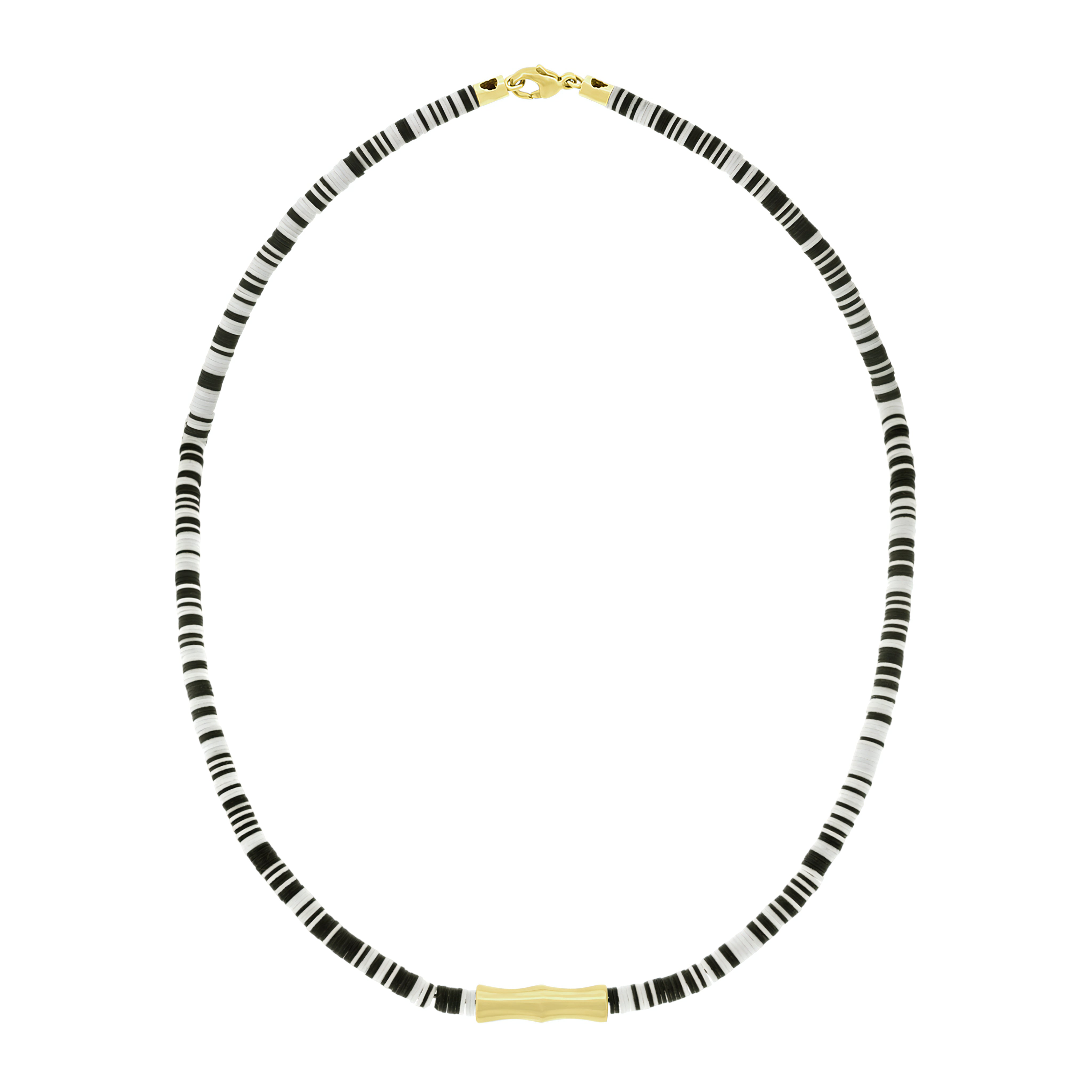 LUIS MORAIS 14k yellow gold double-sheath tube on an African Vinyl Beaded necklace and lobster clasp closure.