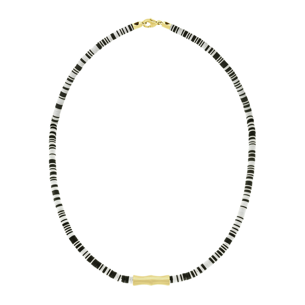 LUIS MORAIS 14k yellow gold double-sheath tube on an African Vinyl Beaded necklace and lobster clasp closure.