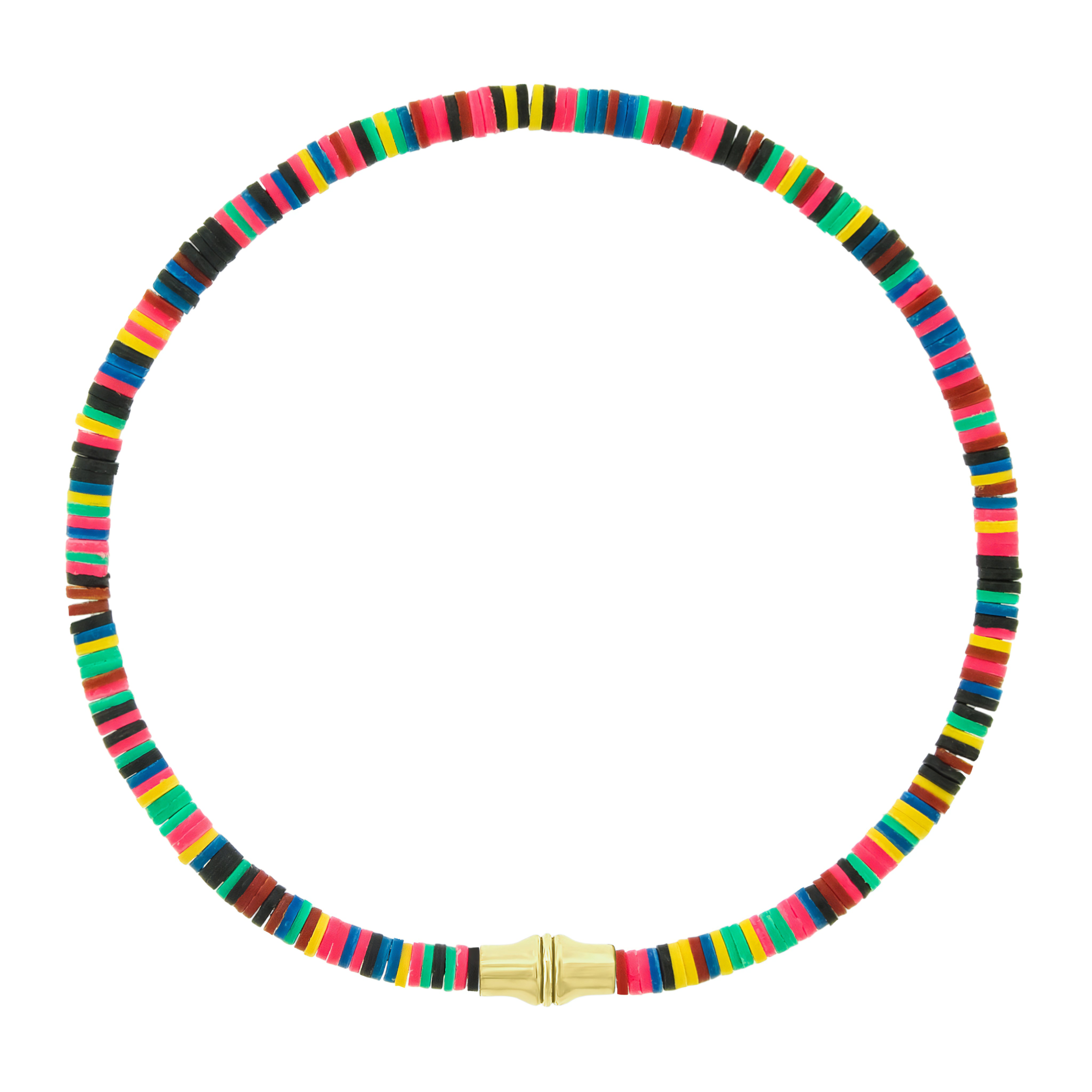 LUIS MORAIS 14k yellow gold canister tube on an African vinyl beaded bracelet. Elastic cord.