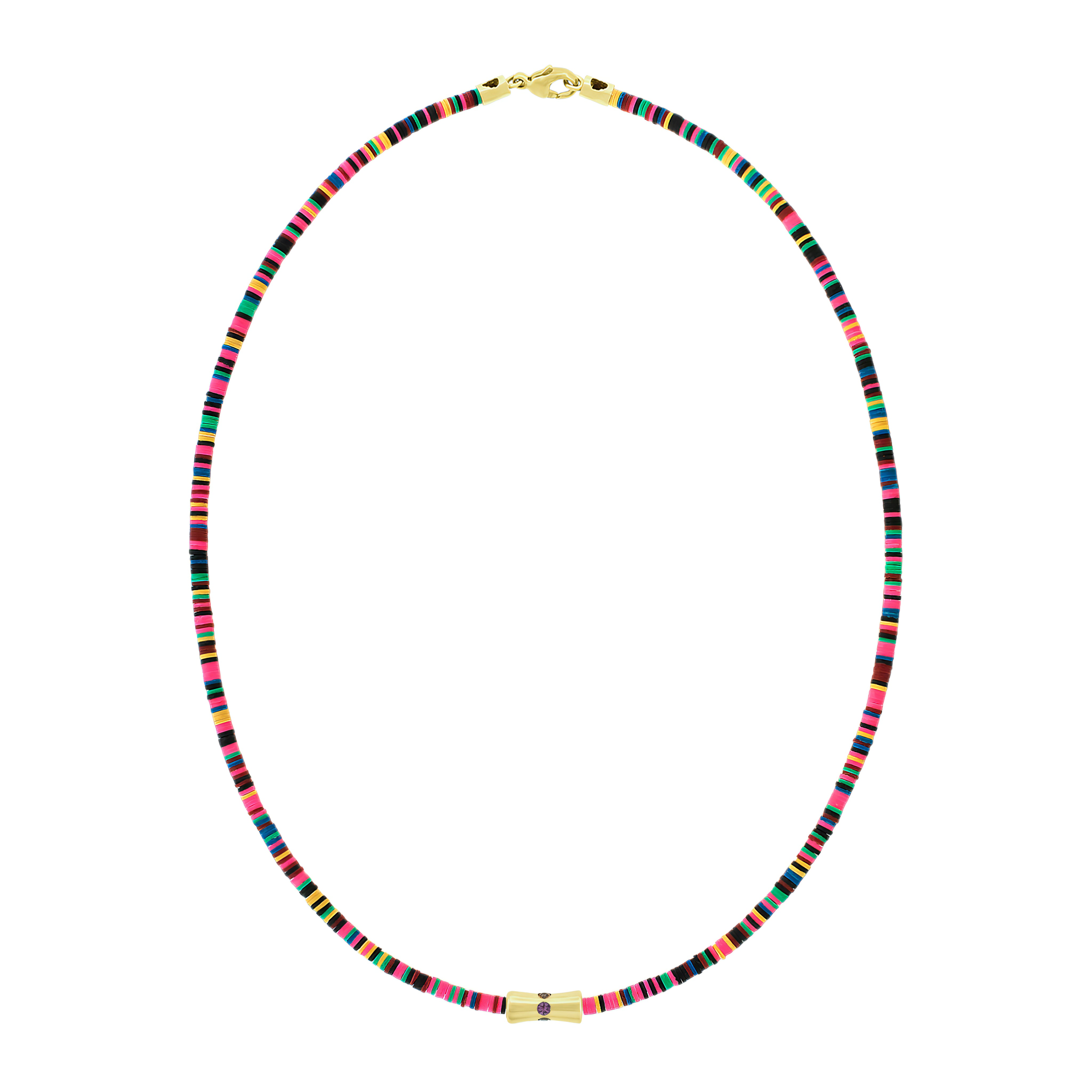 RAINBOW SAPPHIRE SHEATH ON A MULTI  COLOR VINYL BEADED NECKLACE WITH A 14K YELLOW GOLD CLASP