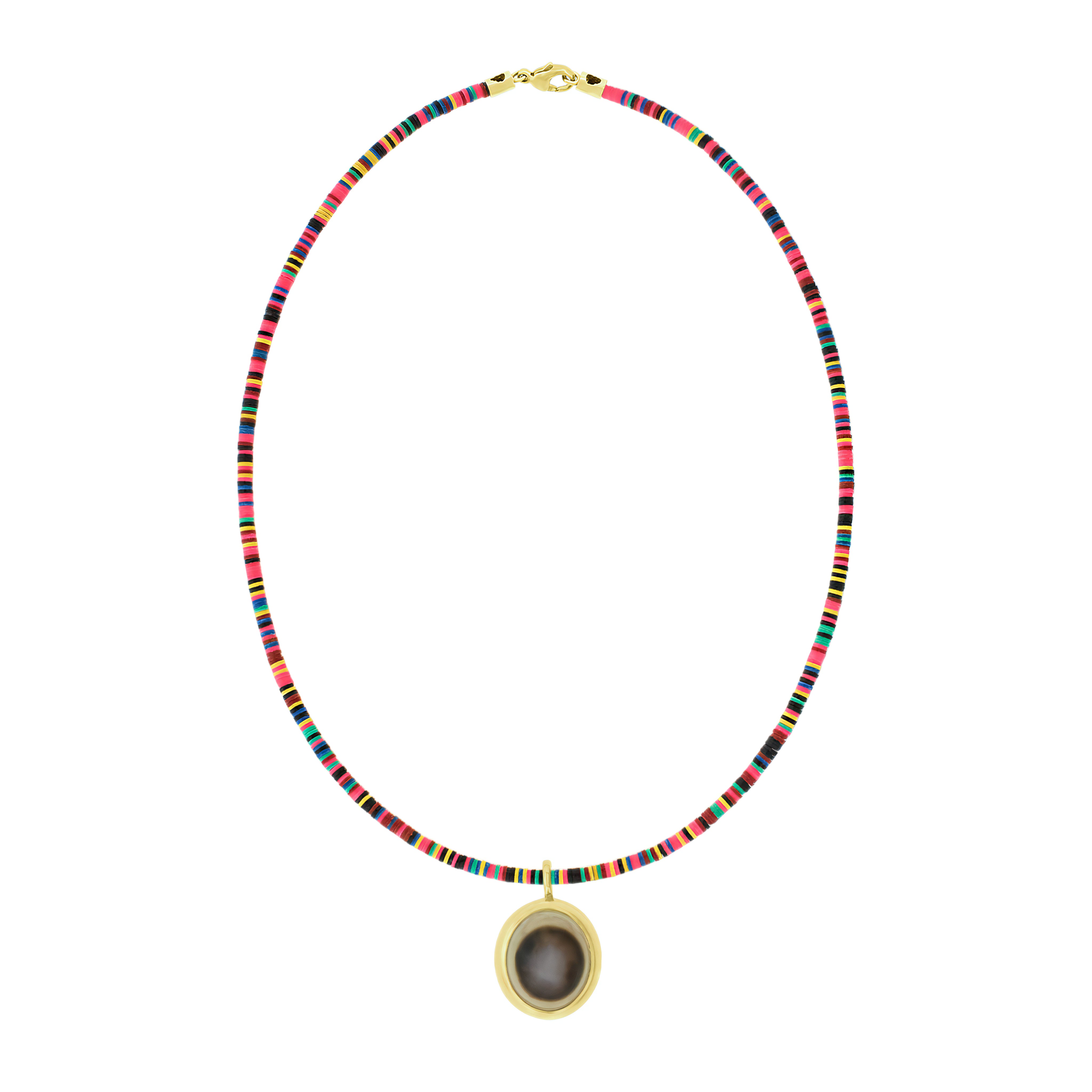 GREY AGATE EYE PENDNAT ON A MULTI COLOR VINYL BEADED NECKLACE WITH A LOBSTER CLASP CLOSURE