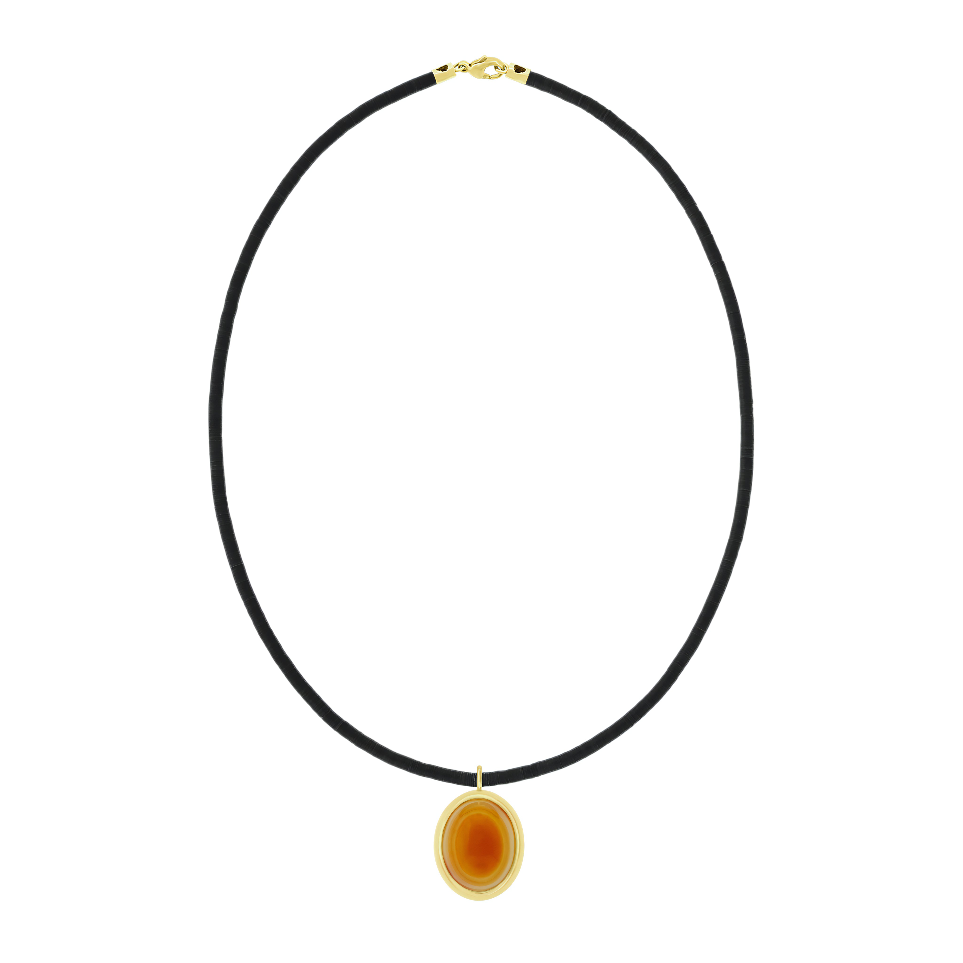 orange agate eye pendant on a black vinyl beaded necklace with a lobster clasp closure