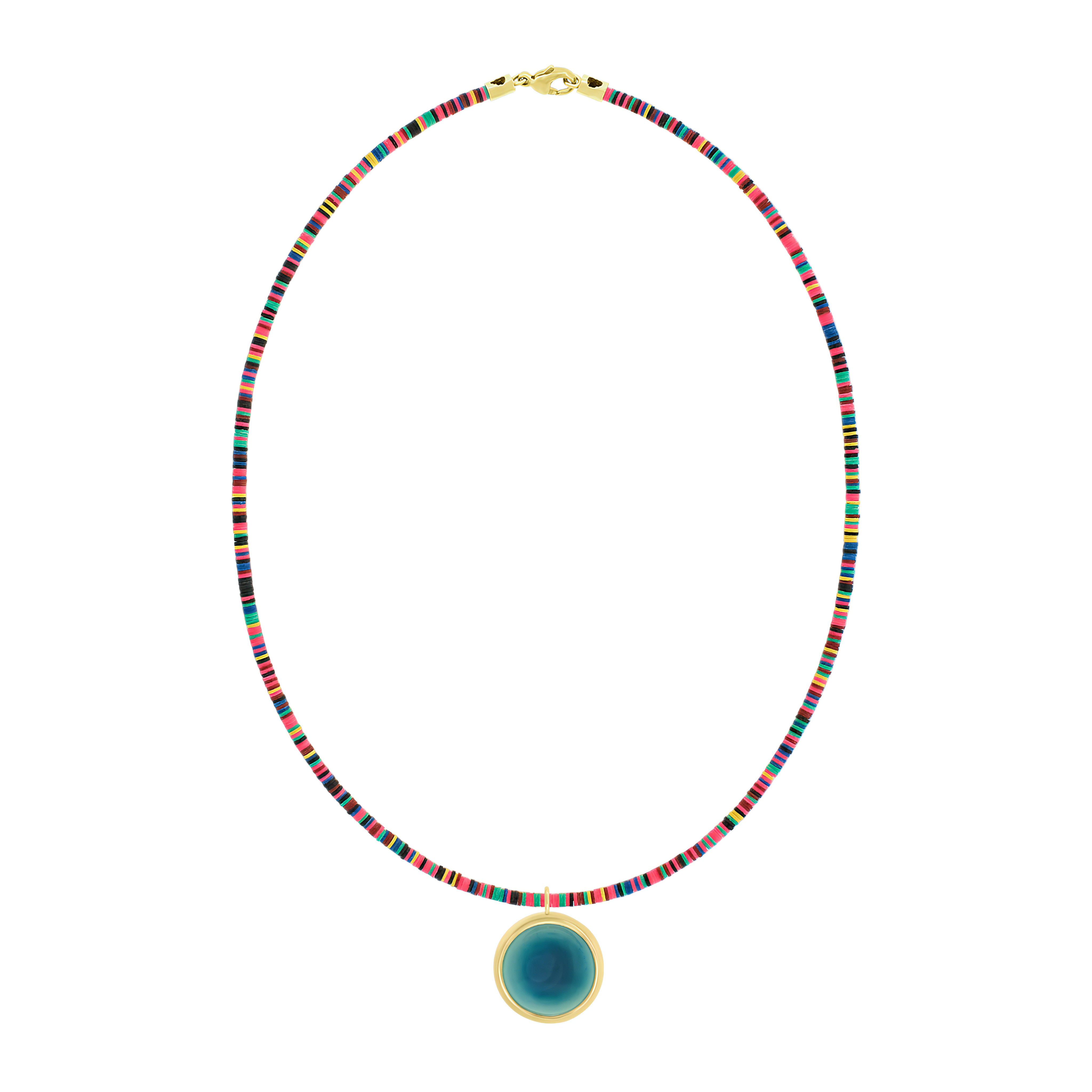 Colorful beaded necklace with a blue pendant on a white background