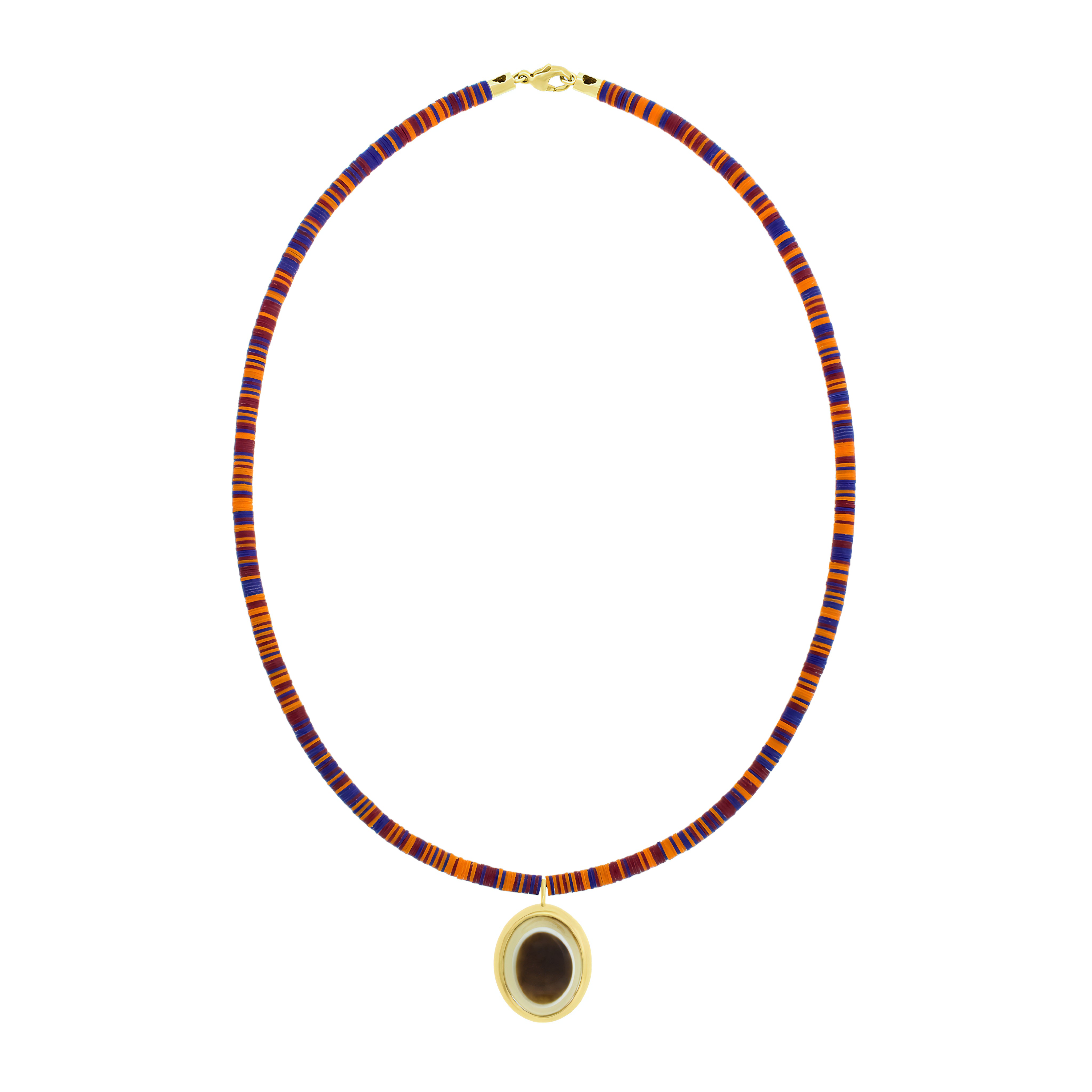 Brown oval agate eye pendant on blue vinyl mix beaded necklace with lobster clasp closure