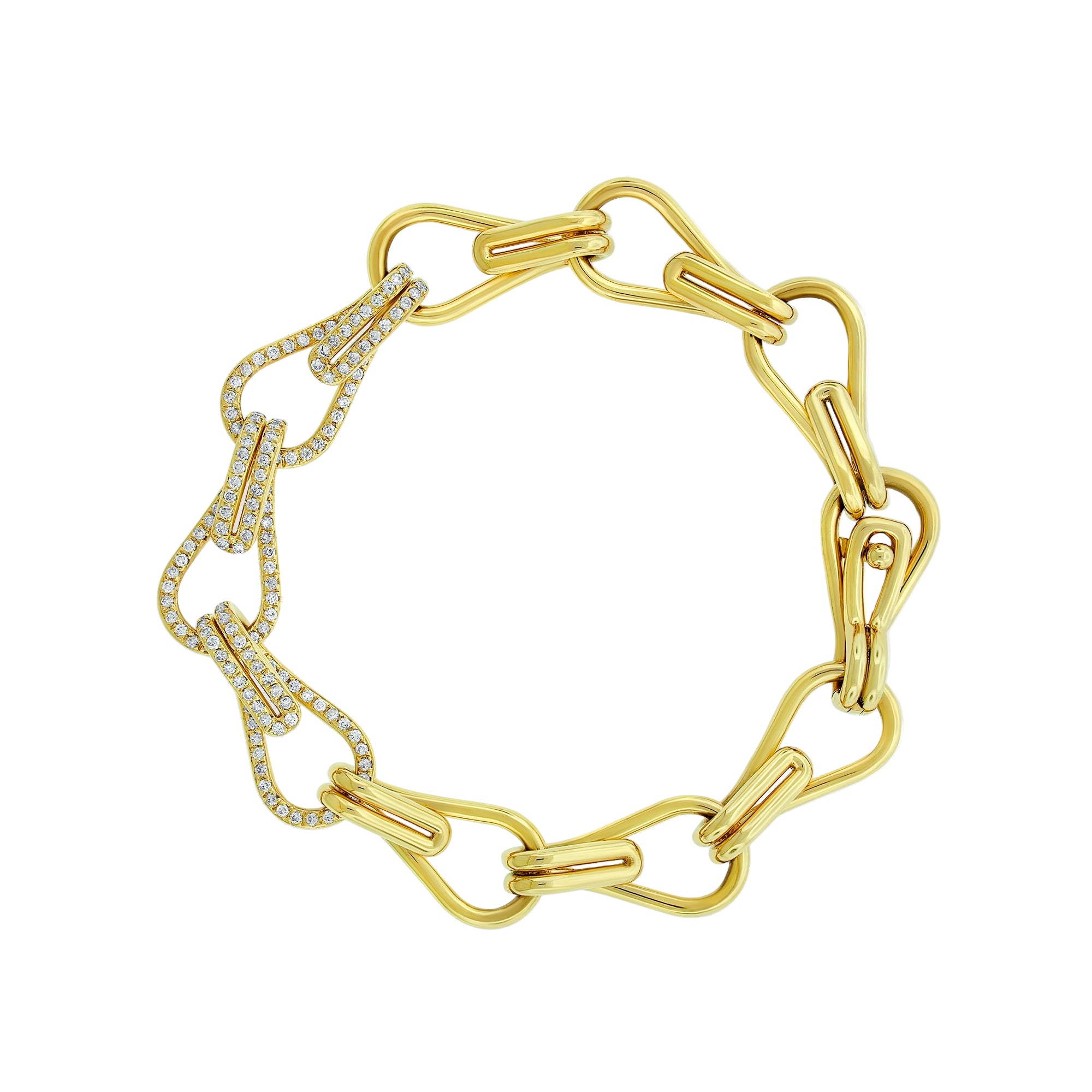 Gold chain bracelet with diamond accents on a white background