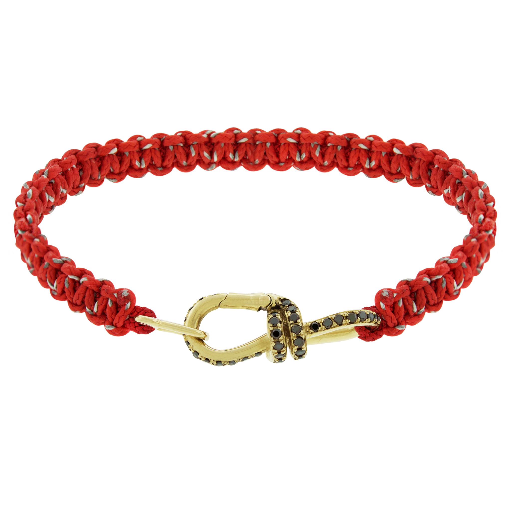 LUIS MORAIS 14k yellow gold wire link clasp encrusted with black diamonds on a macrame cord bracelet.&nbsp;
