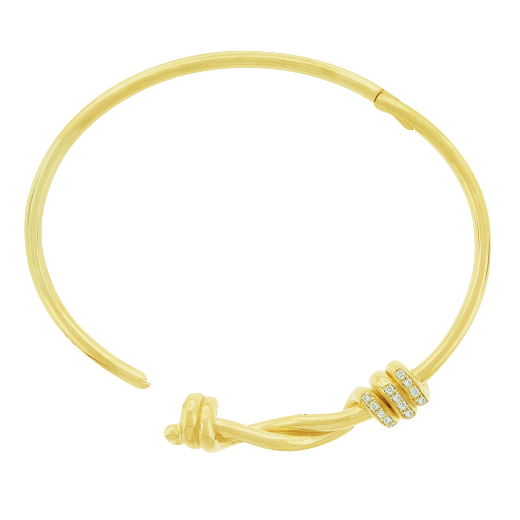 LUIS MORAIS 14K yellow gold thin Twisted Double-Knot bangle with white diamond accents.