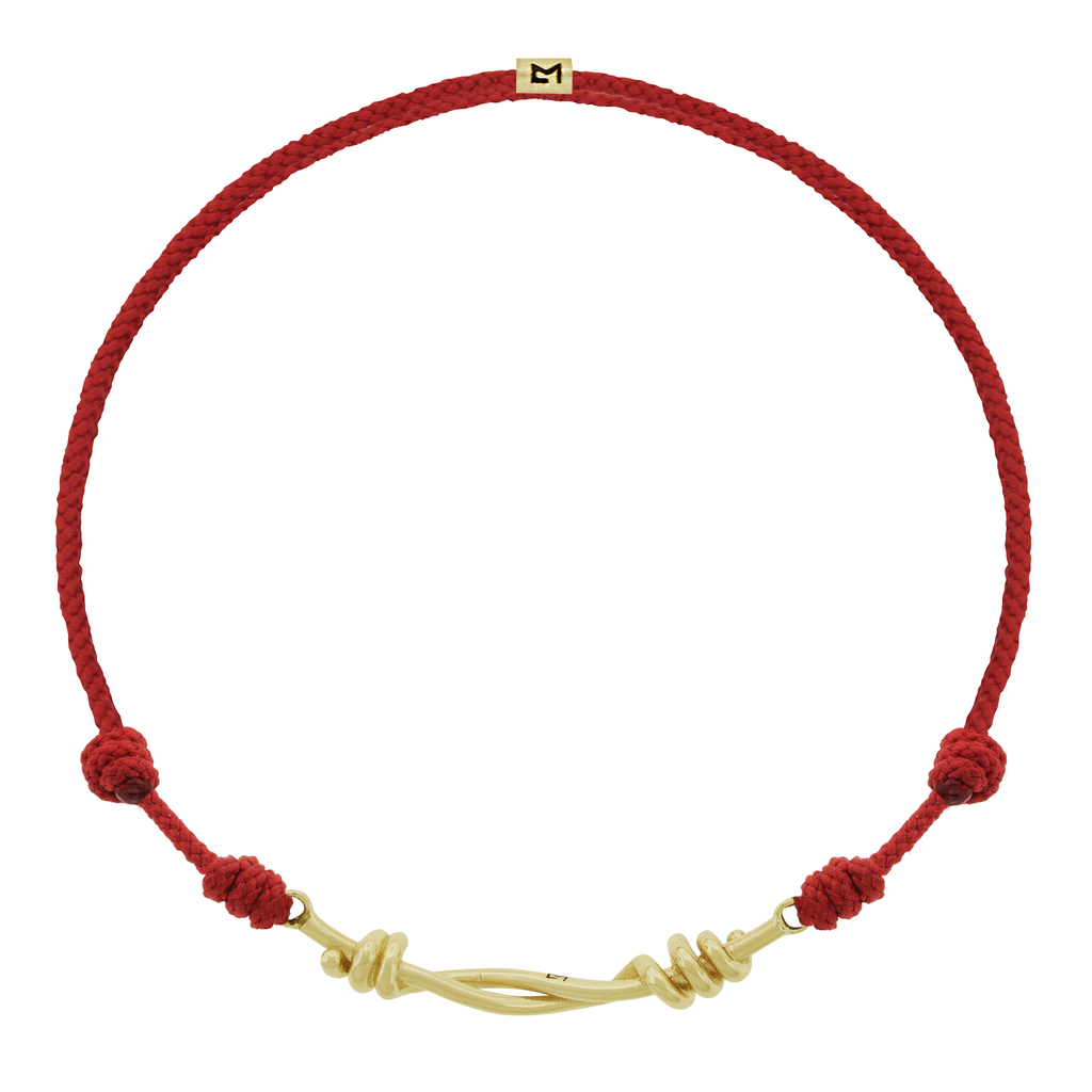 Twisted Gold Double-Knot on Red Cord Bracelet