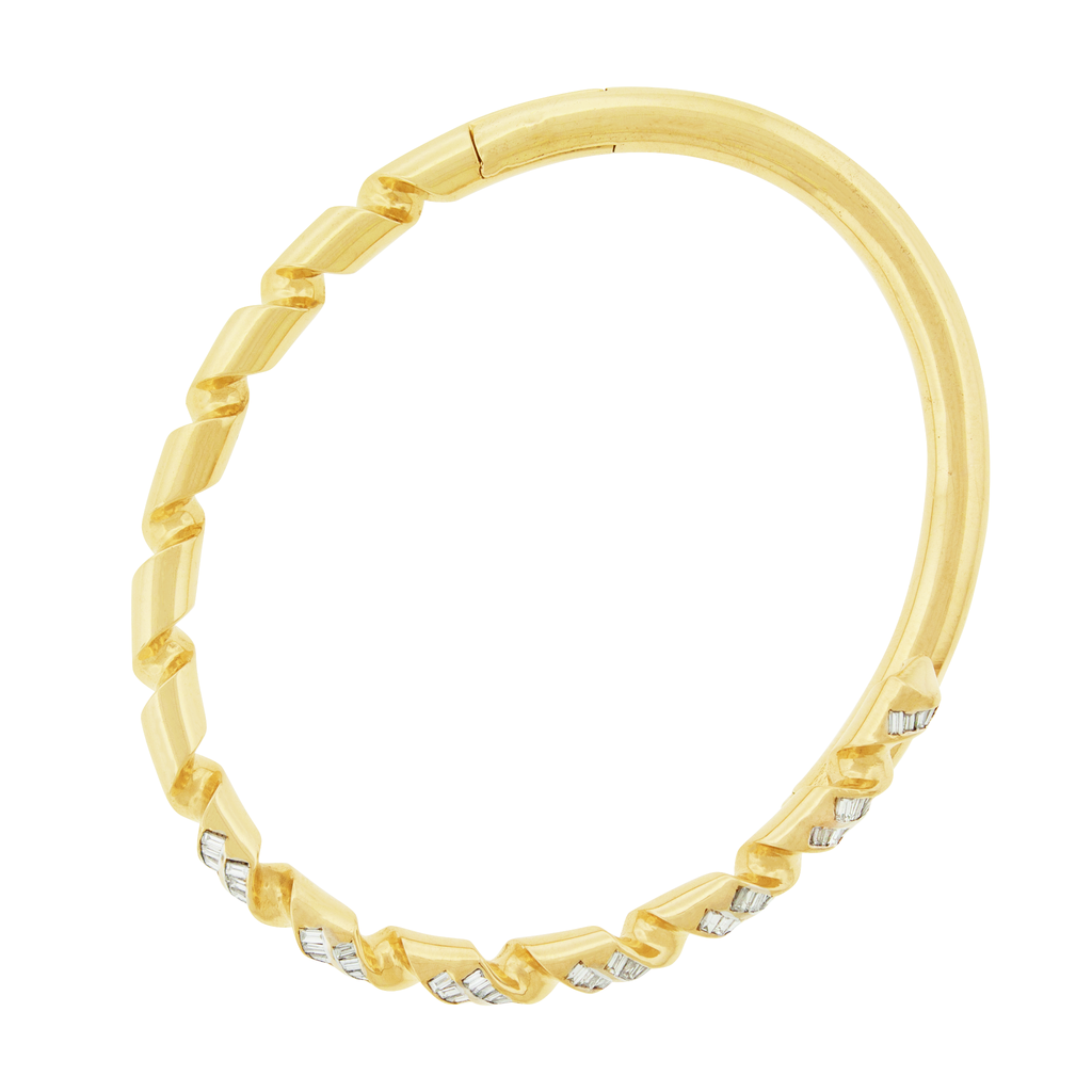 Gold Drill Bit Bangle  with White Diamond Baguettes