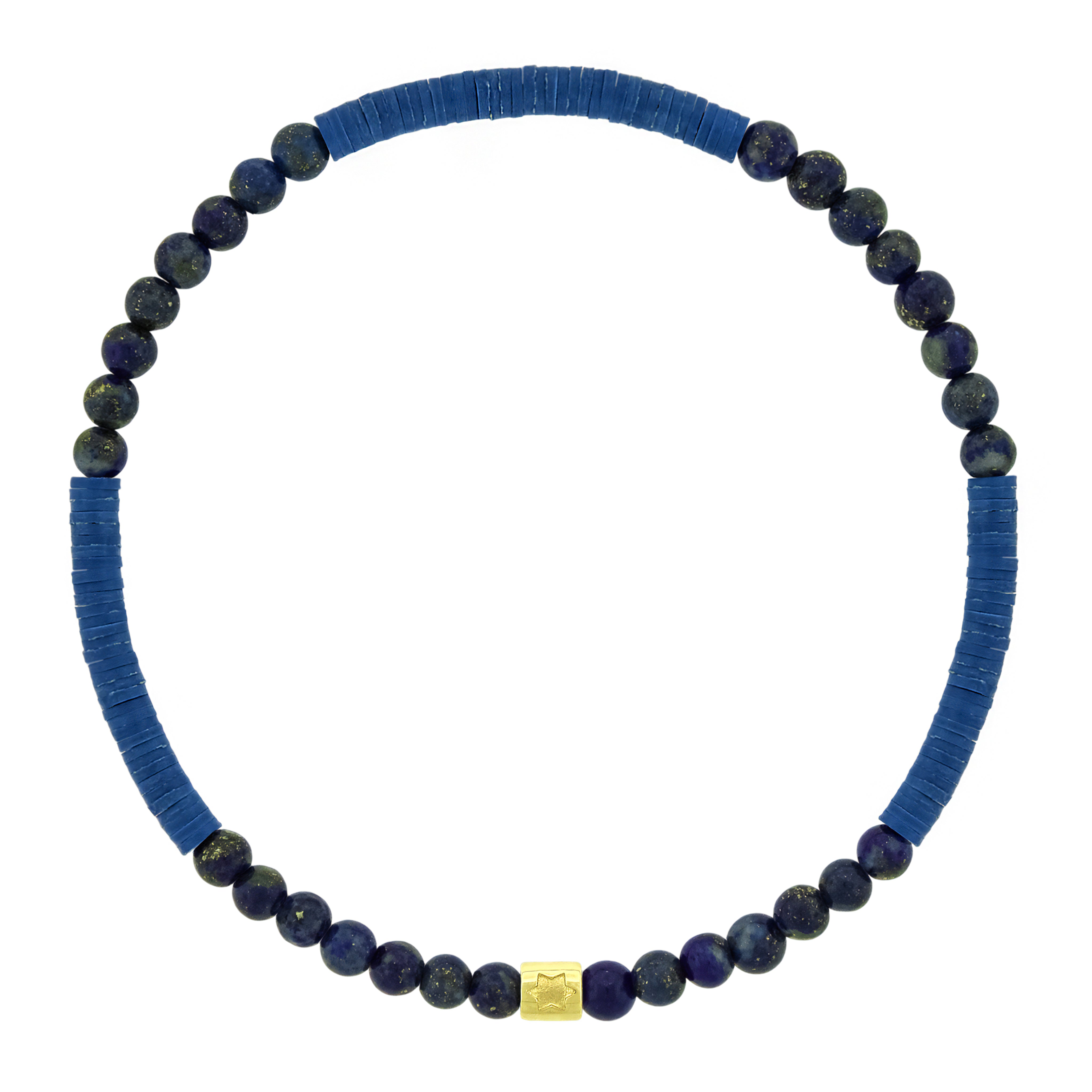 LUIS MORAIS 14K yellow gold short roll with a recessed Star of David symbol on a &nbsp;gemstone and vinyl beaded bracelet.