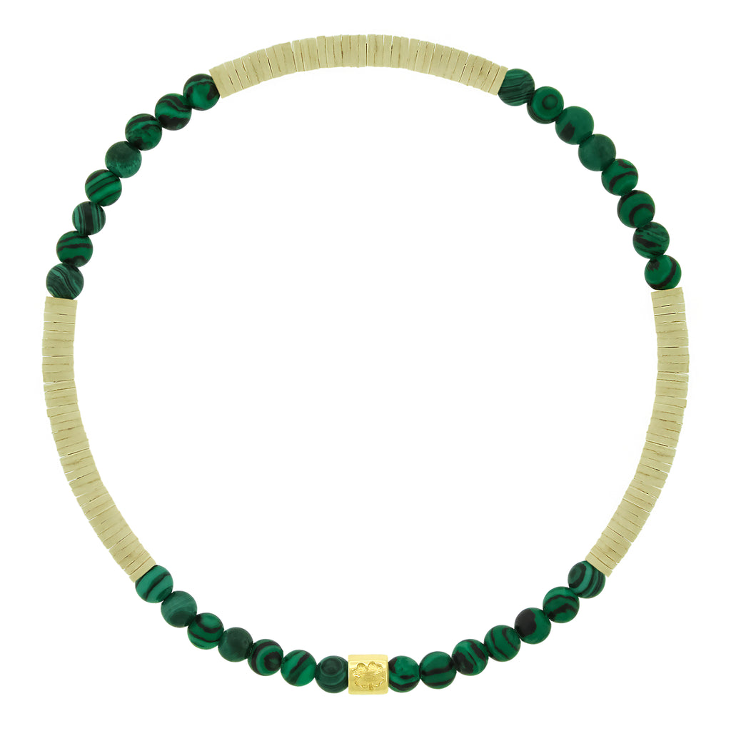 LUIS MORAIS 14K yellow gold short roll with a recessed clover symbol on a &nbsp;gemstone and vinyl beaded bracelet.