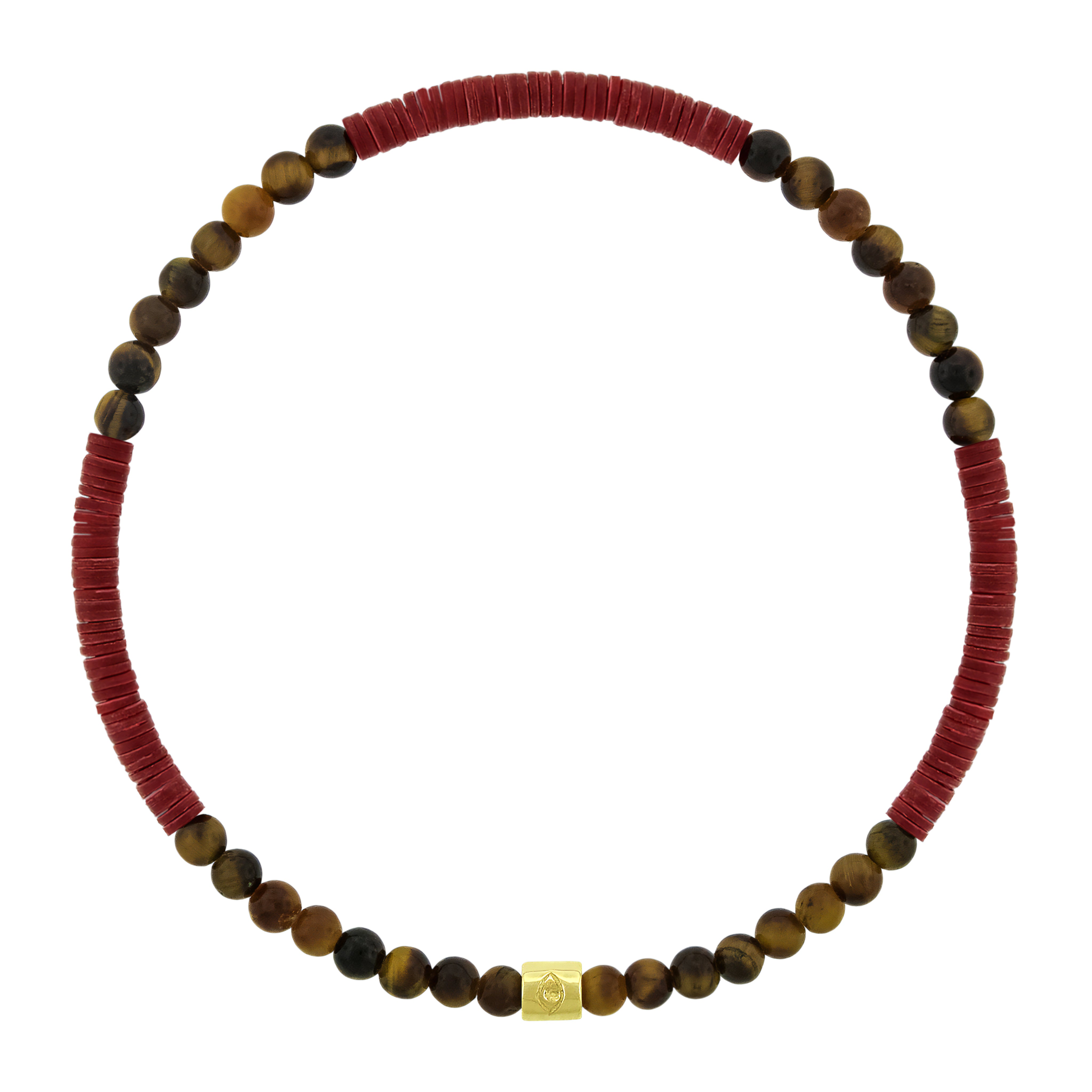LUIS MORAIS 14K yellow gold short roll with a recessed evil eye symbol on a gemstone and vinyl beaded bracelet.