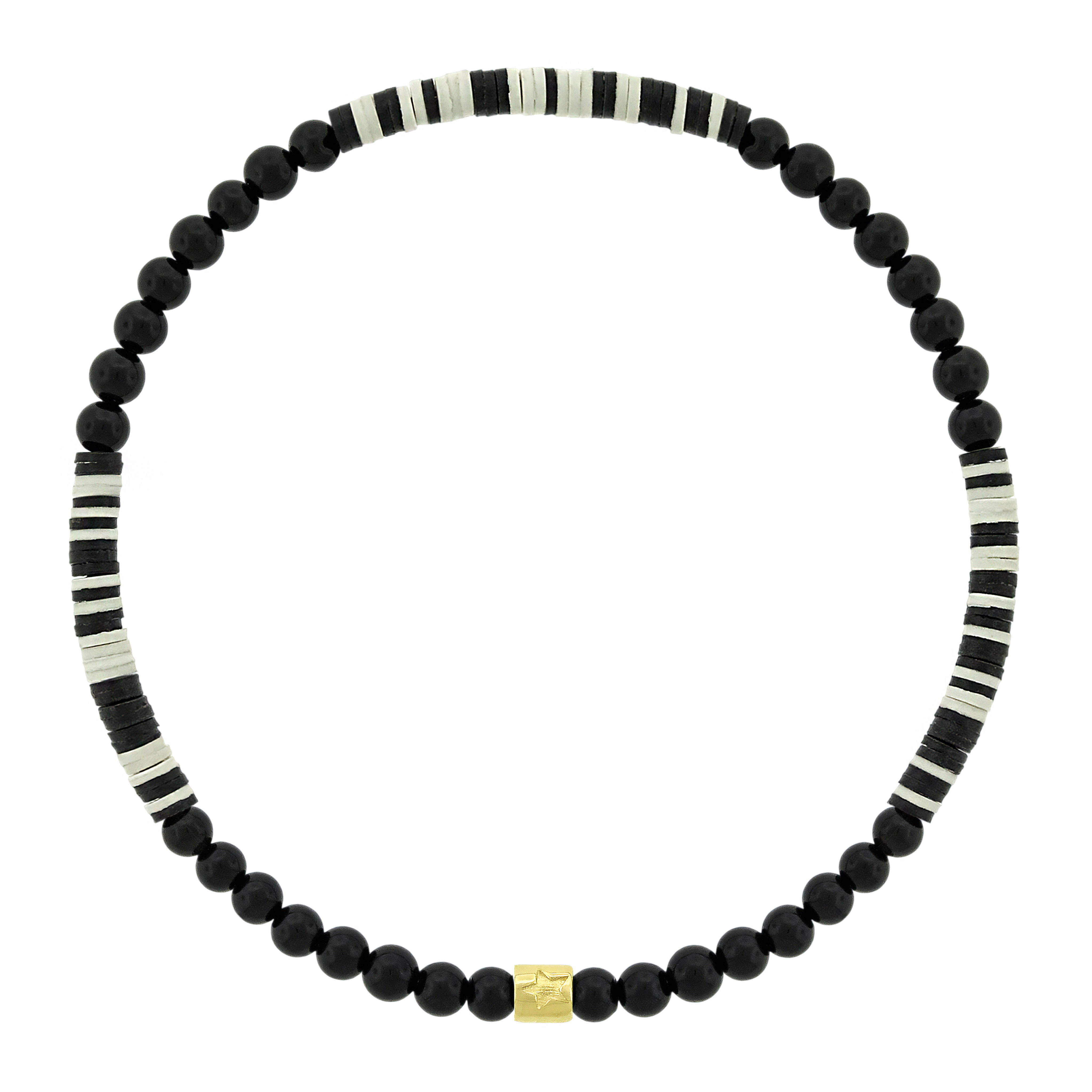 LUIS MORAIS 14K yellow gold short roll with a recessed five-pointed star symbol on a gemstone and vinyl beaded bracelet.