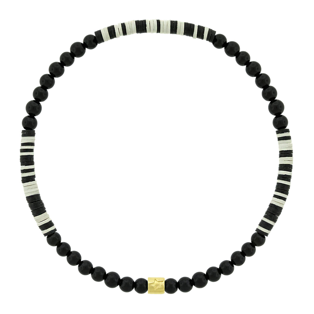 LUIS MORAIS 14K yellow gold short roll with a recessed five-pointed star symbol on a gemstone and vinyl beaded bracelet.