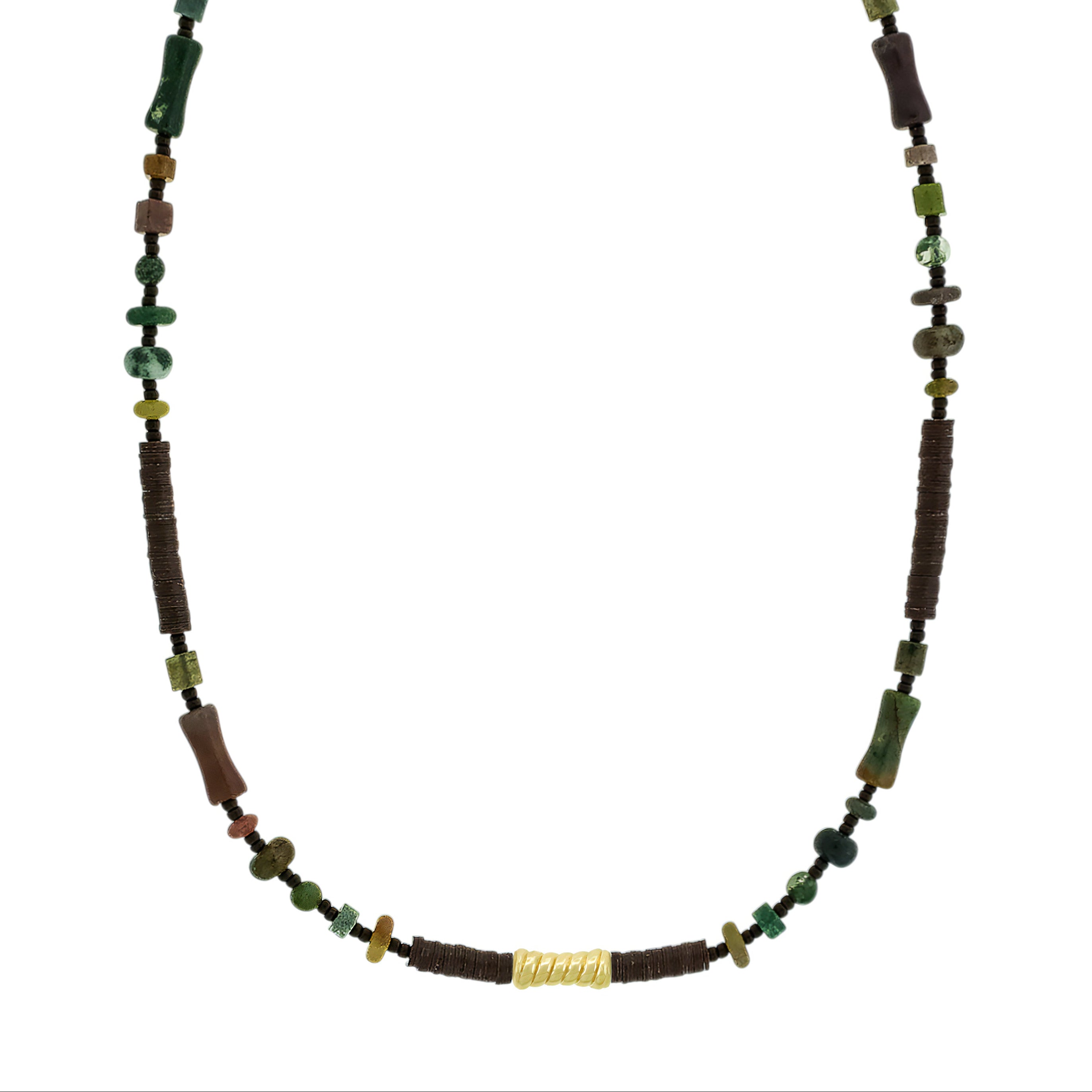 Necklace with brown, green, and gold beads on a white background