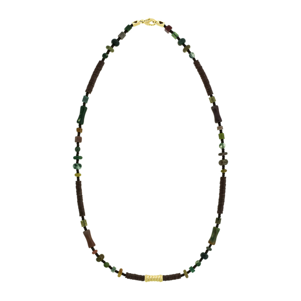 Necklace with brown, green, and gold beads on a white background