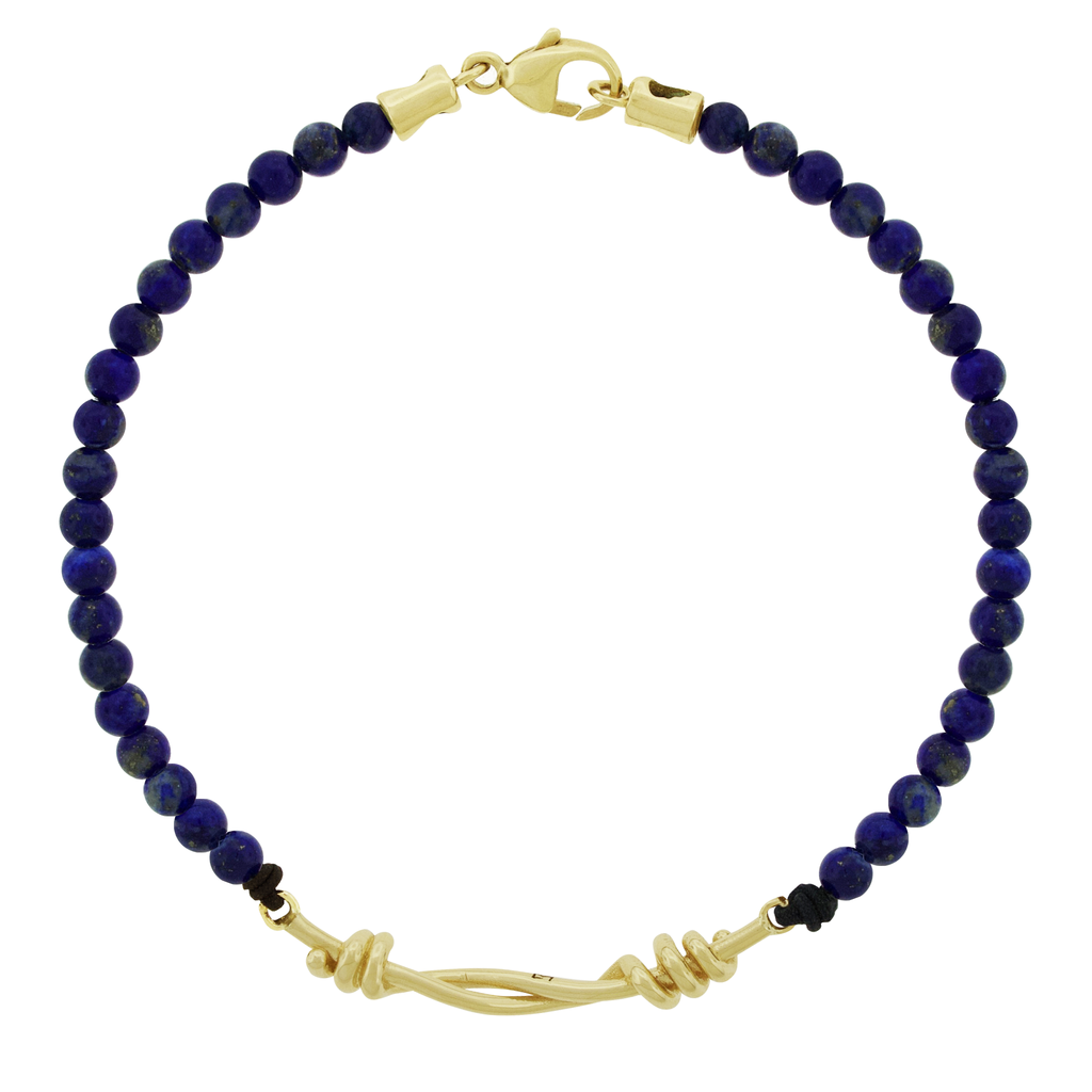 Long Twisted Gold Knot on Lapis Beaded Bracelet
