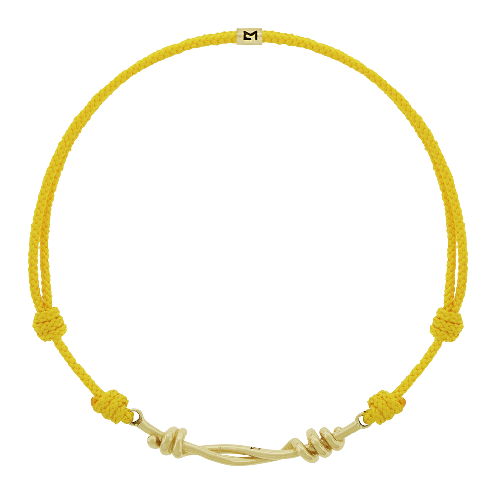Twisted Gold Double-Knot on Yellow Cord Bracelet