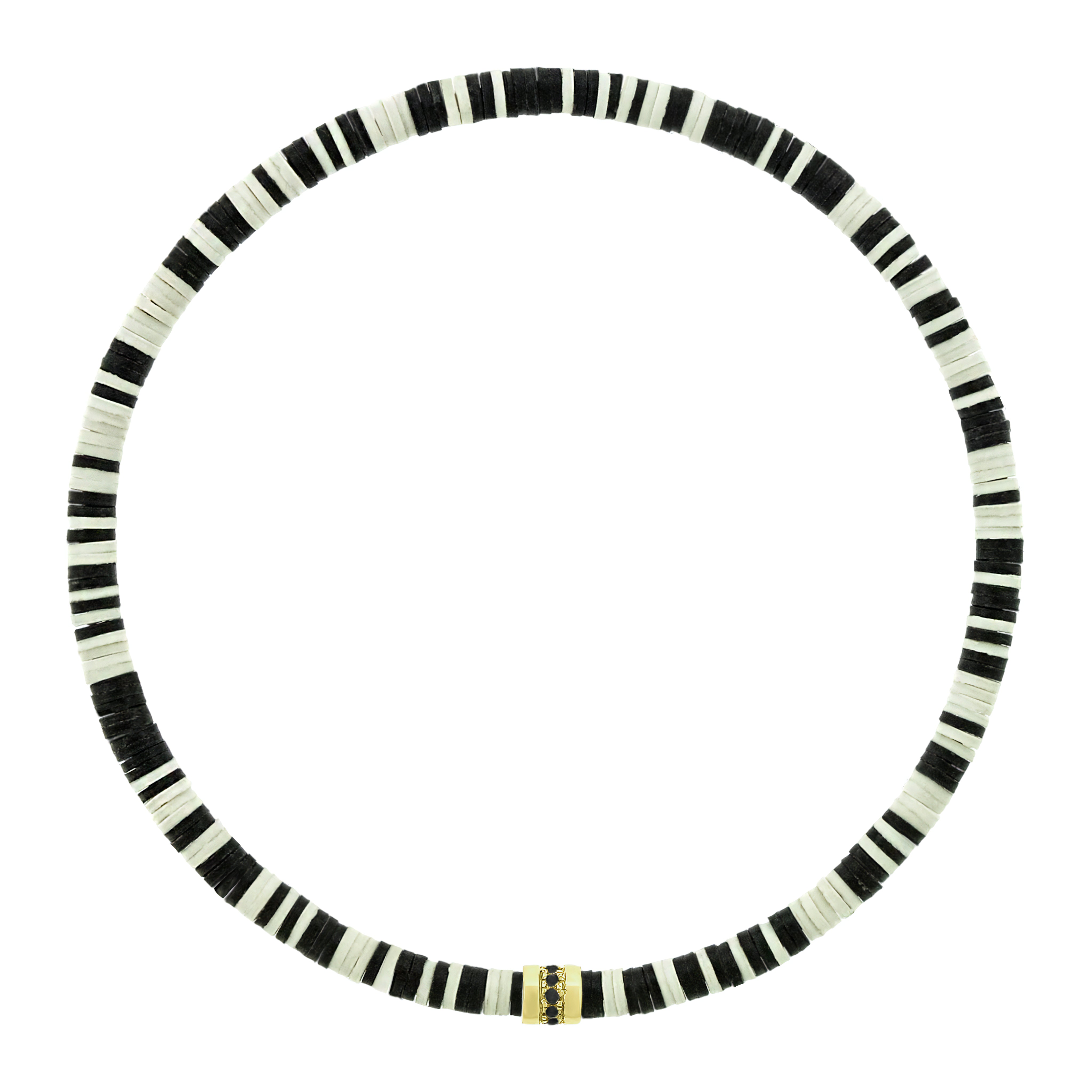 LUIS MORAIS 14K yellow gold short roll with a line of round black diamonds on a vinyl beaded bracelet. A versatile piece that pairs easily with other styles and is ideal for adding to your stack.