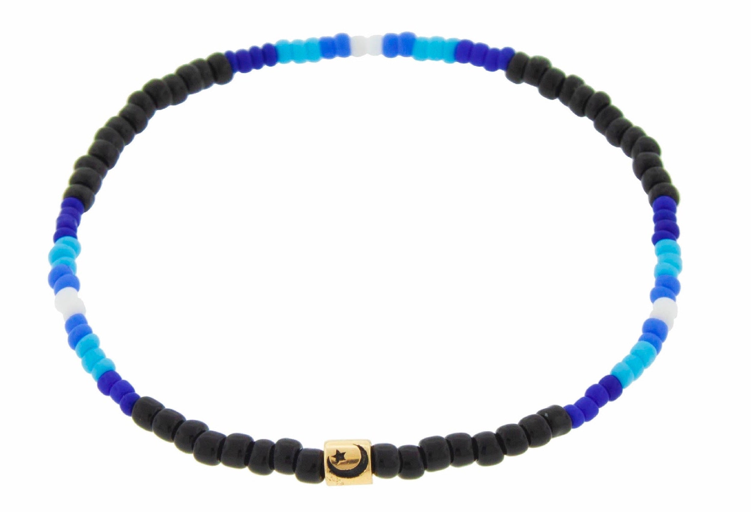 LUIS MORAIS 14K yellow gold short roll with antiqued Moon Star symbol on a tribal pattern glass beaded bracelet.