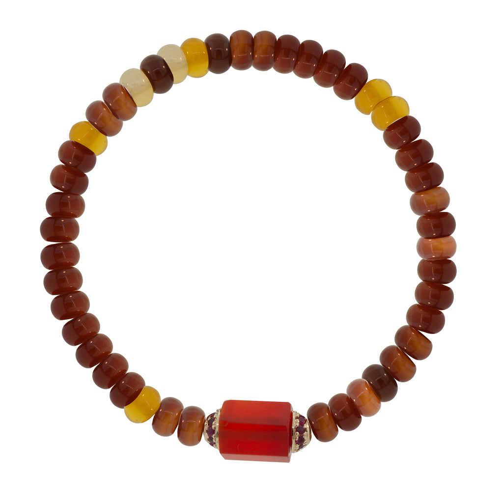 Boulon hexagonal cornaline avec rubis sur bracelet perlé agate