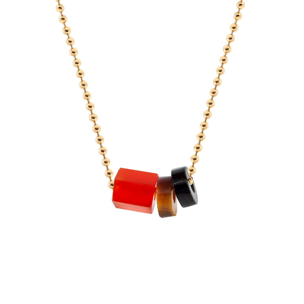 LUIS MORAIS 14K yellow gold 24 inch ball chain, featuring a carved carnelian hexagon gemstone and two roundel gemstone beads. Lobster clasp closure.