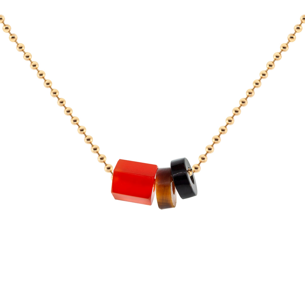 LUIS MORAIS 14K yellow gold 24 inch ball chain, featuring a carved carnelian hexagon gemstone and two roundel gemstone beads. Lobster clasp closure.