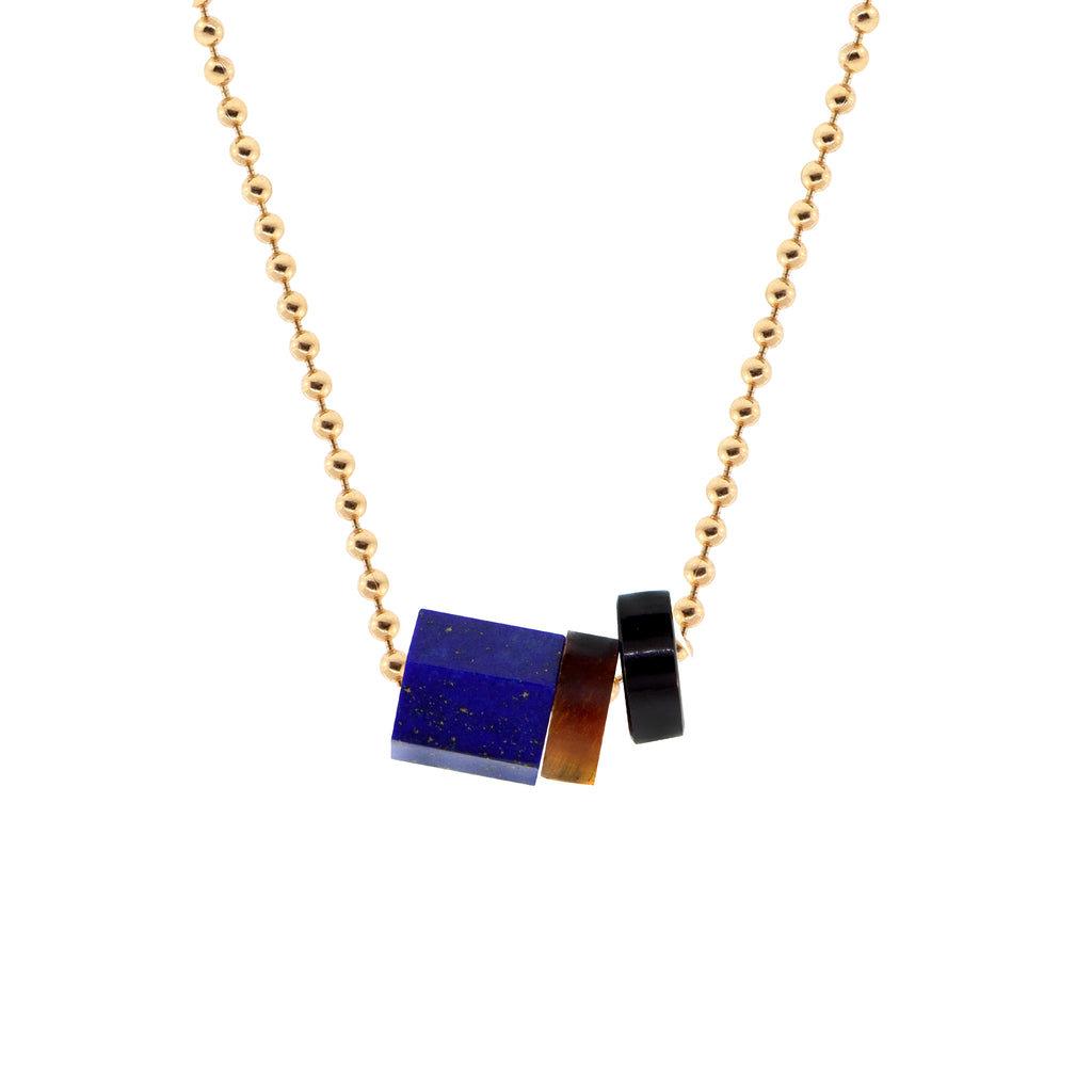 LUIS MORAIS 14K yellow gold 24 inch ball chain, featuring a carved lapis hexagon gemstone and two roundel gemstone beads. Lobster clasp closure.