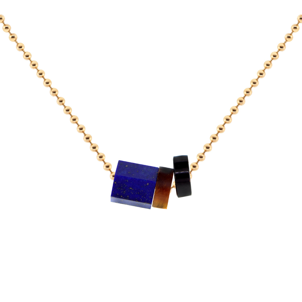 LUIS MORAIS 14K yellow gold 24 inch ball chain, featuring a carved lapis hexagon gemstone and two roundel gemstone beads. Lobster clasp closure.