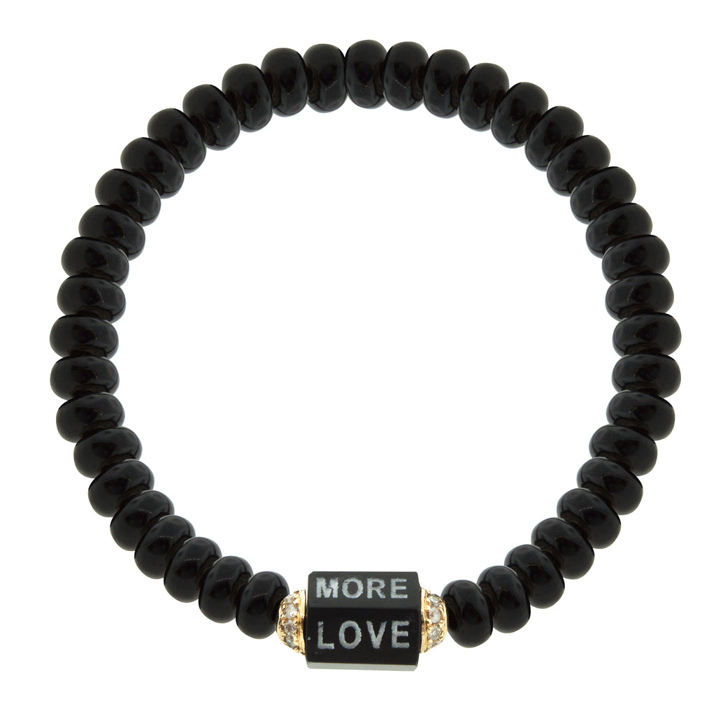 LUIS MORAIS 14K yellow gold medium onyx hexagon gemstone bolt bead with multicolor enameled and carved words and two channels of white diamonds on a gemstone beaded bracelet.