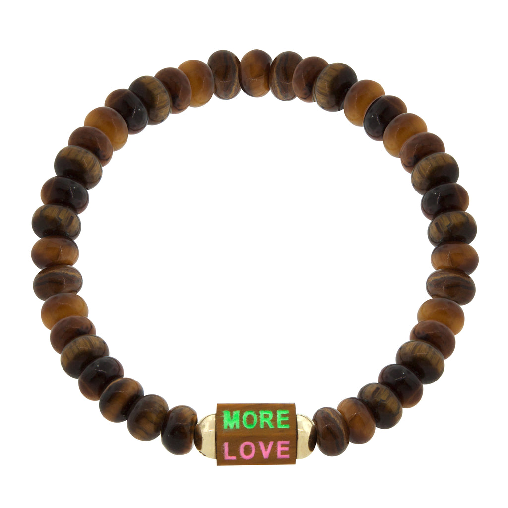LUIS MORAIS 14K yellow gold medium tiger's eye hexagon gemstone bolt bead with multicolor enameled and carved words on a gemstone beaded bracelet.