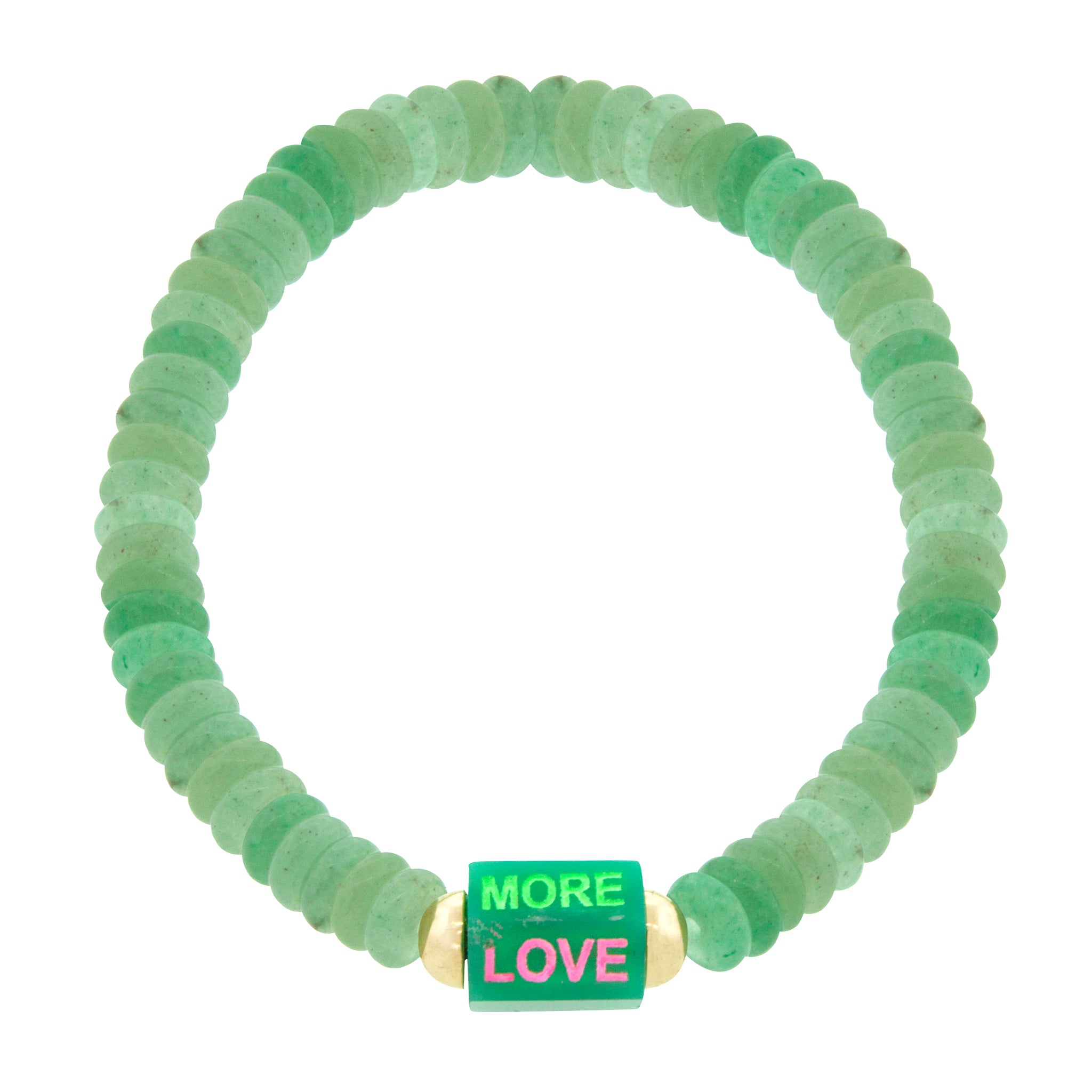LUIS MORAIS 14K yellow gold medium chrysoprase hexagon gemstone bolt bead with multicolor enameled and carved words on a gemstone beaded bracelet.