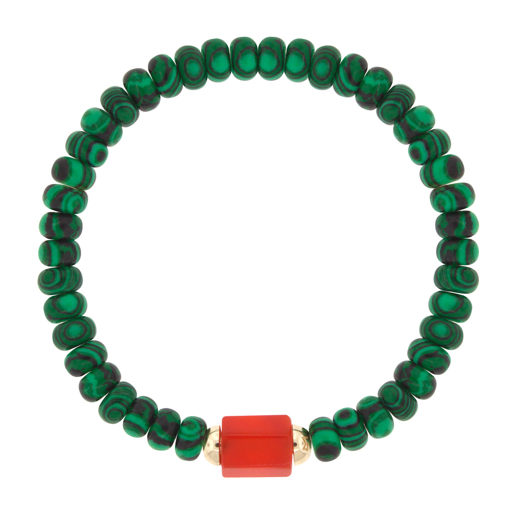 LUIS MORAIS 14K yellow gold medium carnelian hexagon gemstone bolt bead with on a malachite gemstone beaded bracelet.