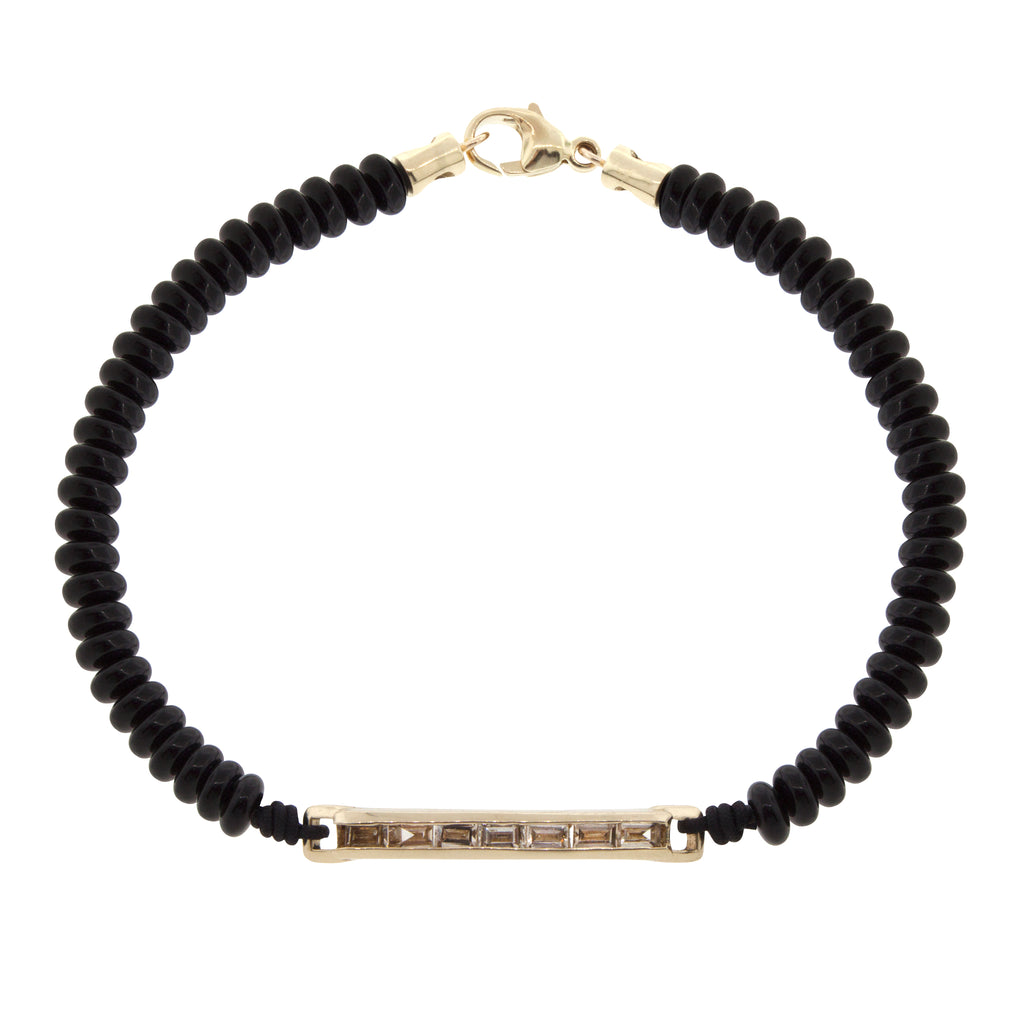 LUIS MORAIS 14K gold medium link ID bar with TLC diamond baguettes on an onyx gemstone beaded bracelet with 14k yellow gold lobster clasp closure