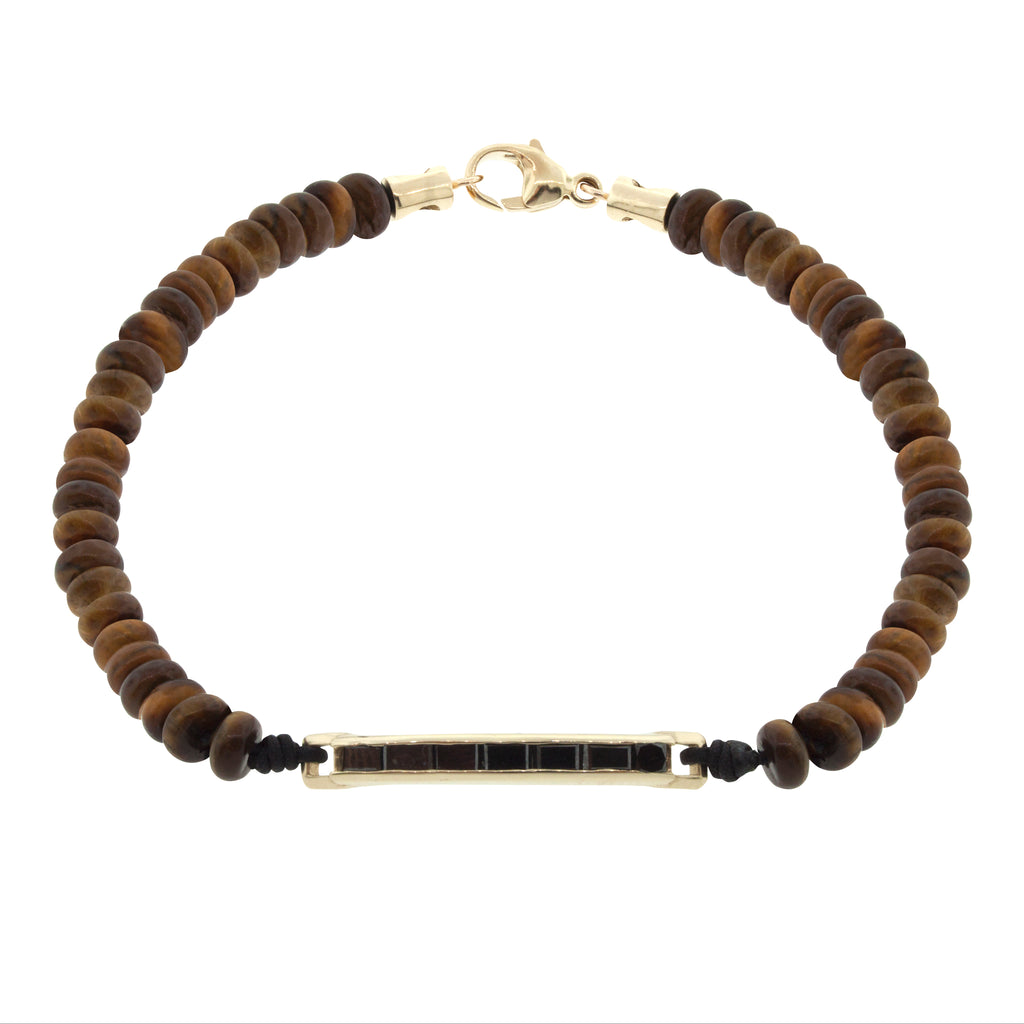 LUIS MORAIS 14K gold medium link ID bar with black diamond baguettes on a tiger's eye gemstone beaded bracelet with 14k yellow gold lobster clasp closure.